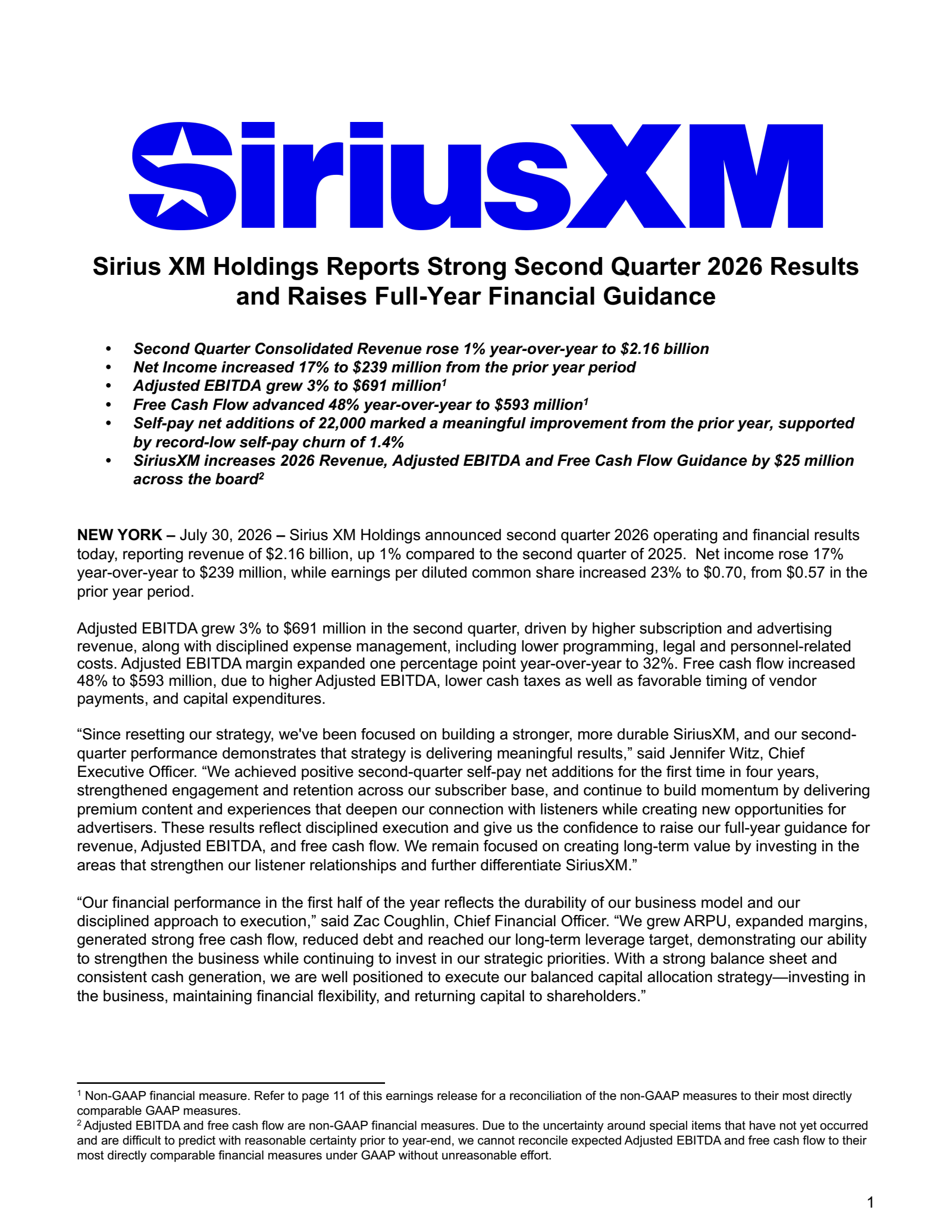Sirius XM's Q2 2026 Press Release
