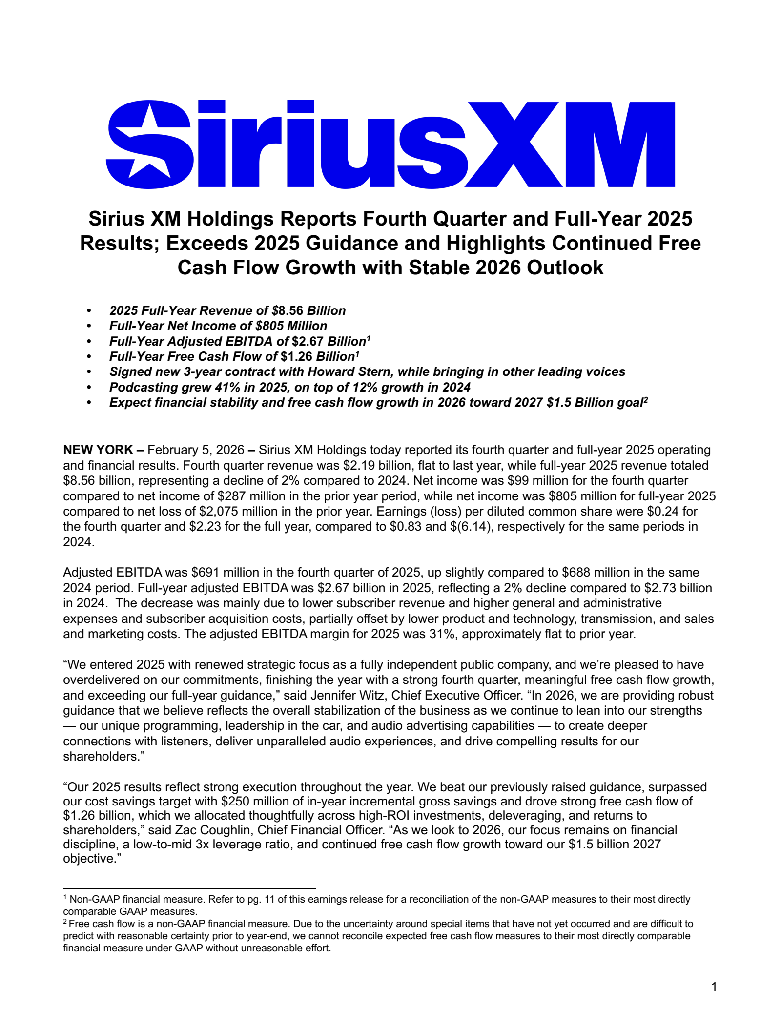 Sirius XM's Q4 2025 Press Release