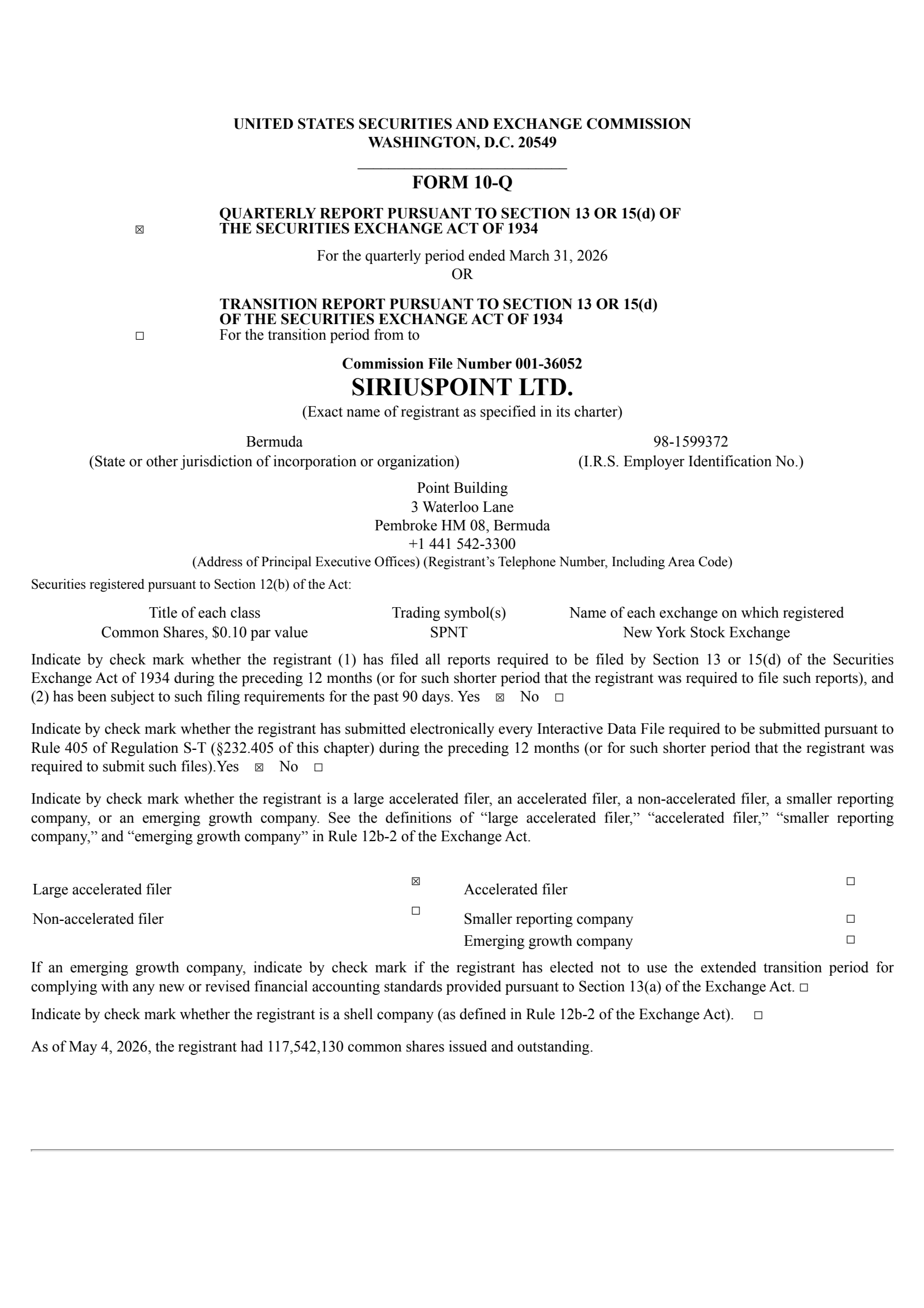 SiriusPoint's Q1 2026 Quarterly report