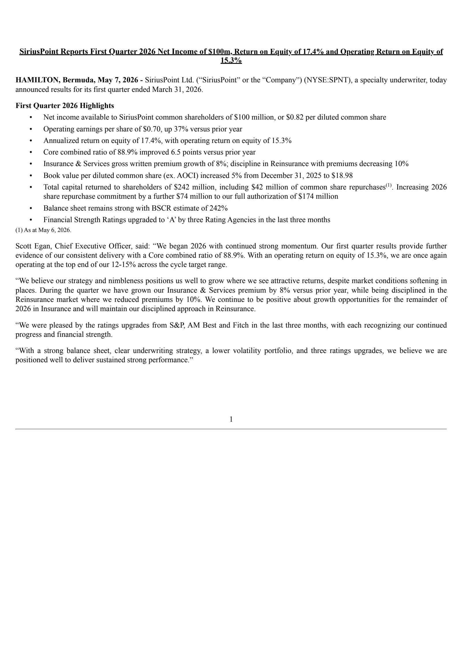 SiriusPoint's Q1 2026 Press Release