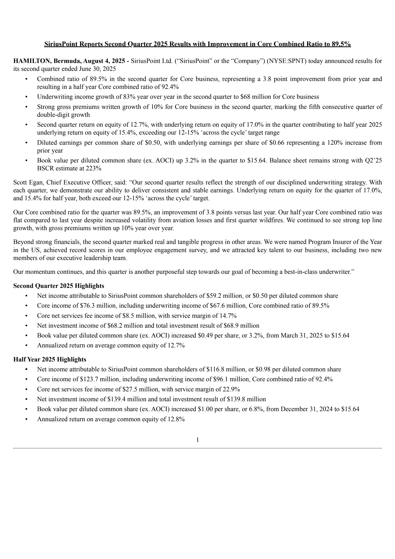 SiriusPoint's Q2 2025 Press Release