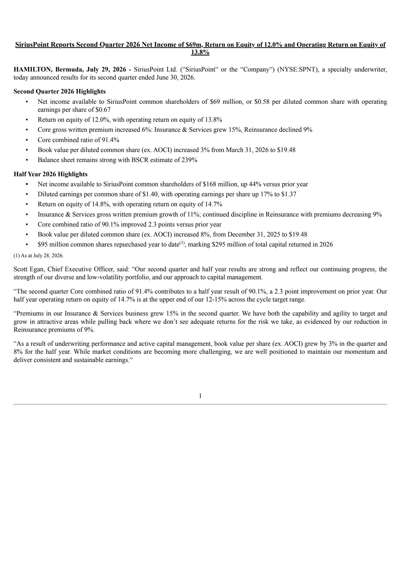 SiriusPoint's Q2 2026 Press Release