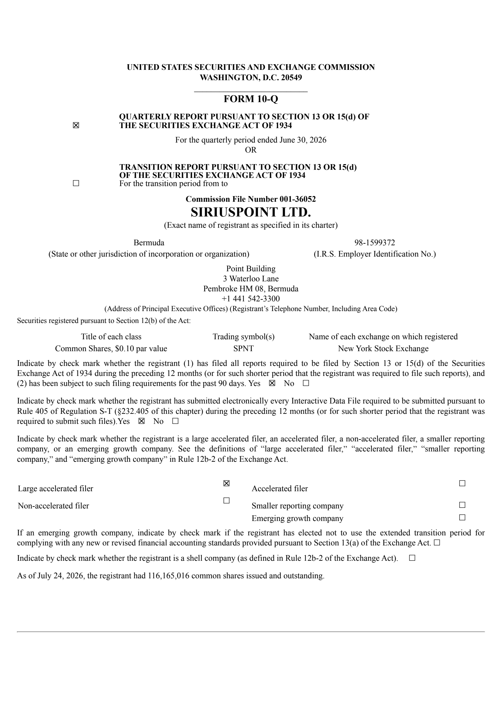SiriusPoint's Q2 2026 Quarterly report