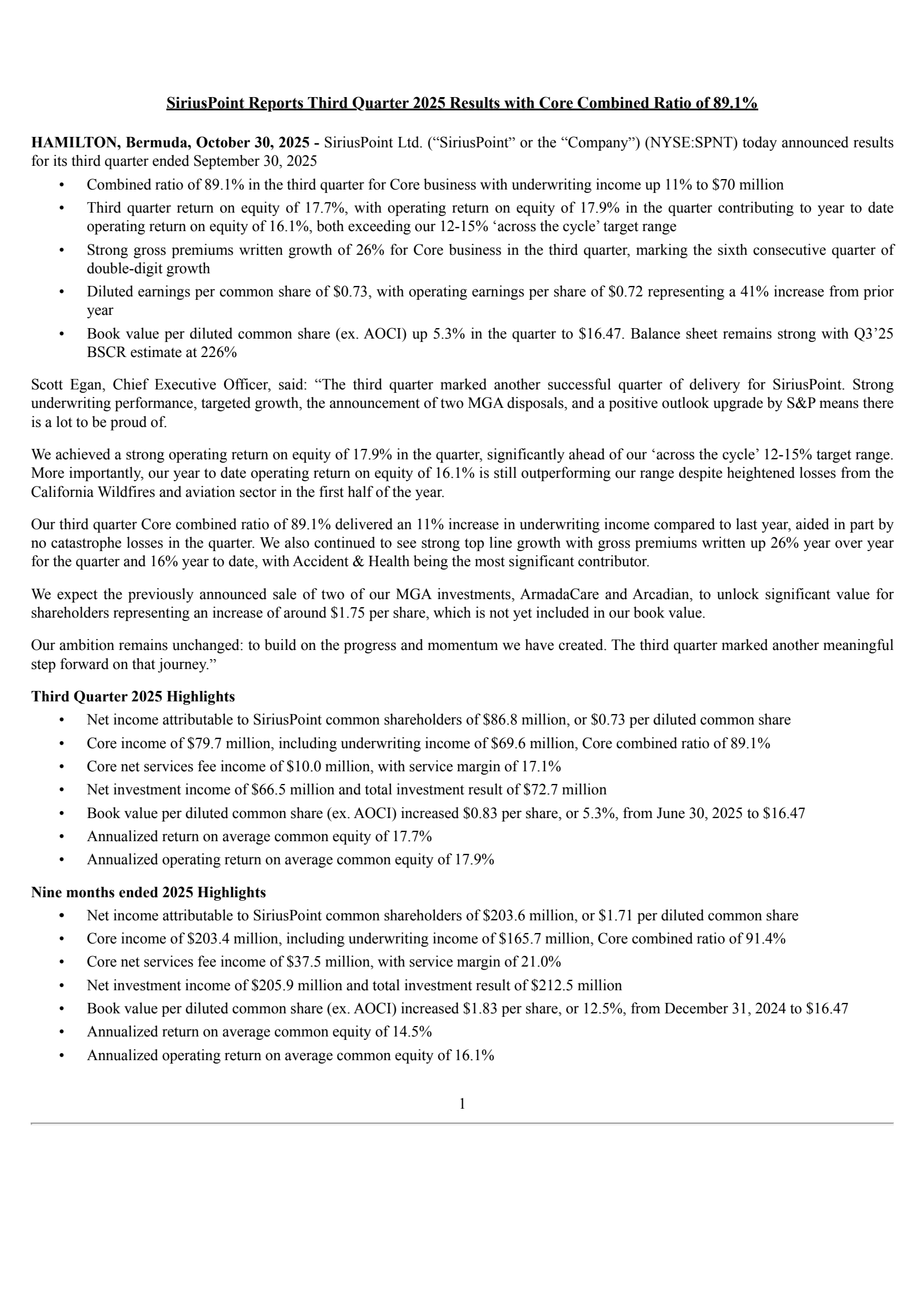 SiriusPoint's Q3 2025 Earnings Release