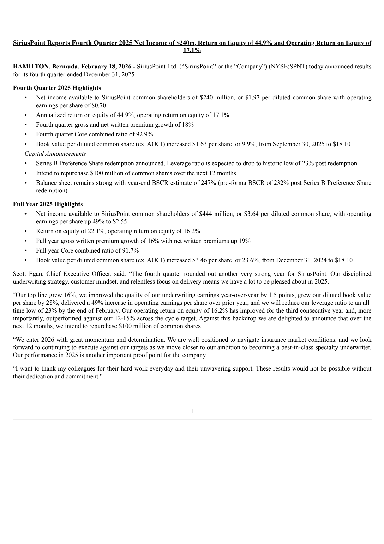 SiriusPoint's Q4 2025 Press Release