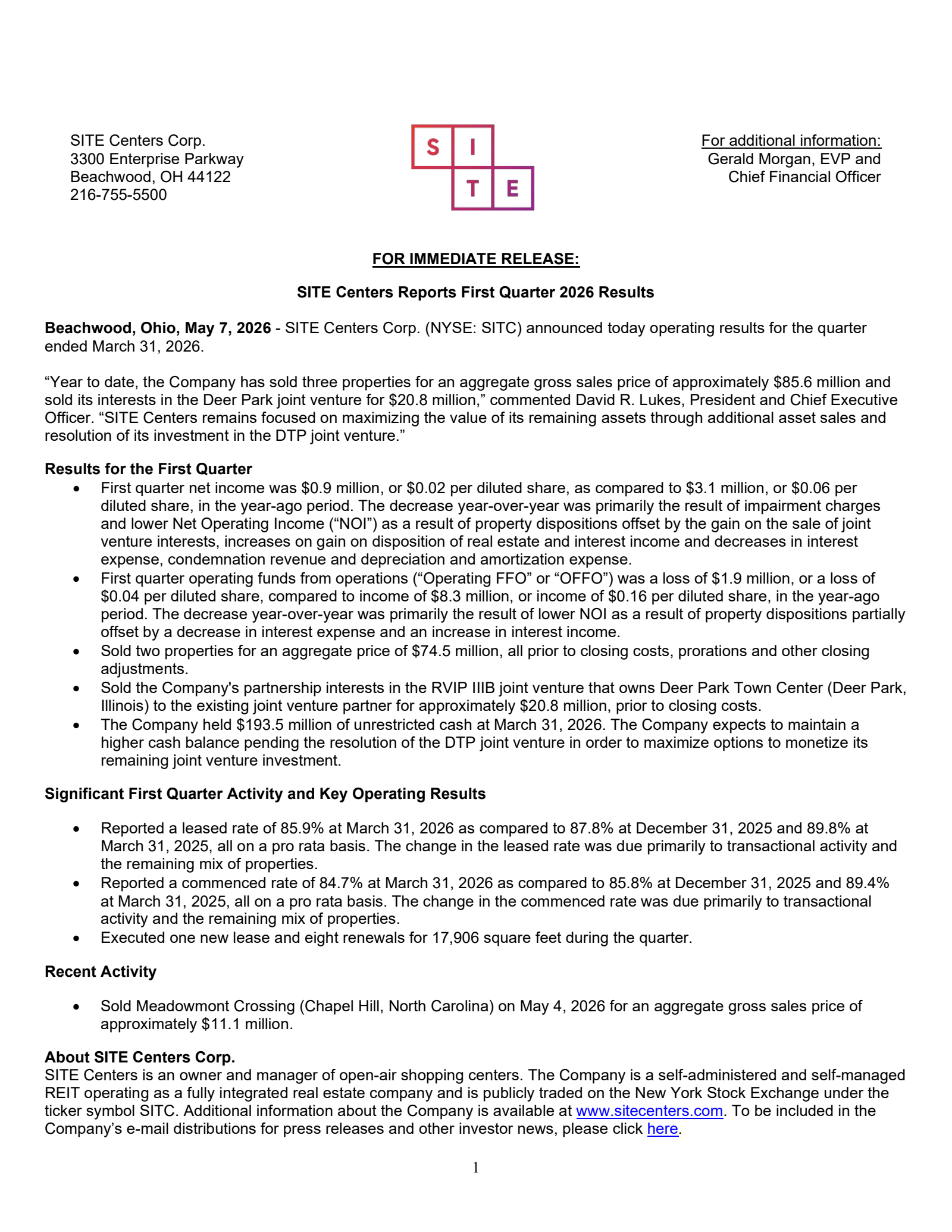 Site Centers' Q1 2026 Press Release