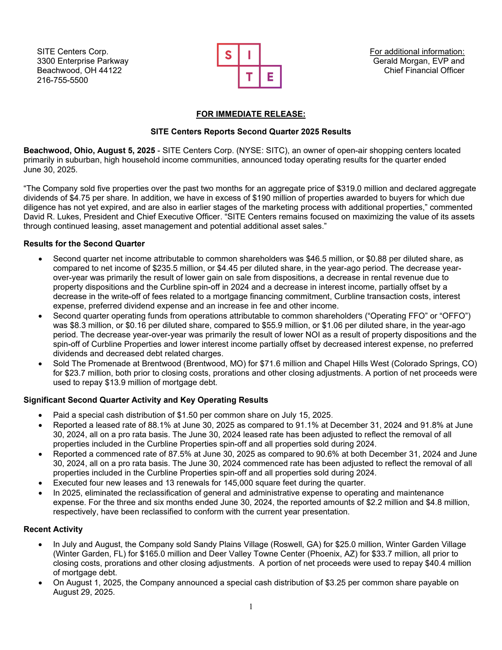 Site Centers' Q2 2025 Press Release