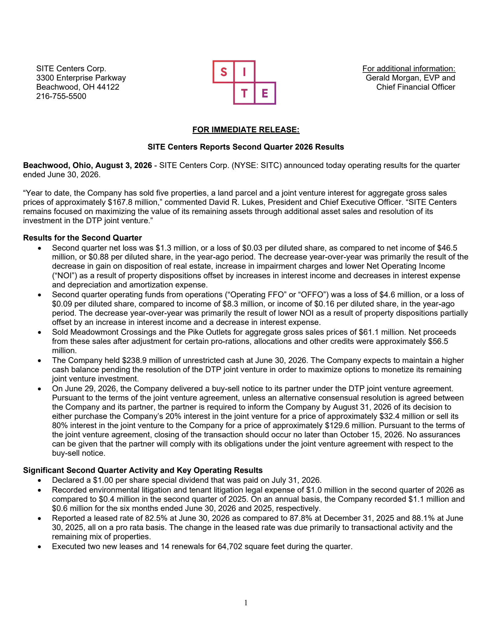Site Centers' Q2 2026 Press Release