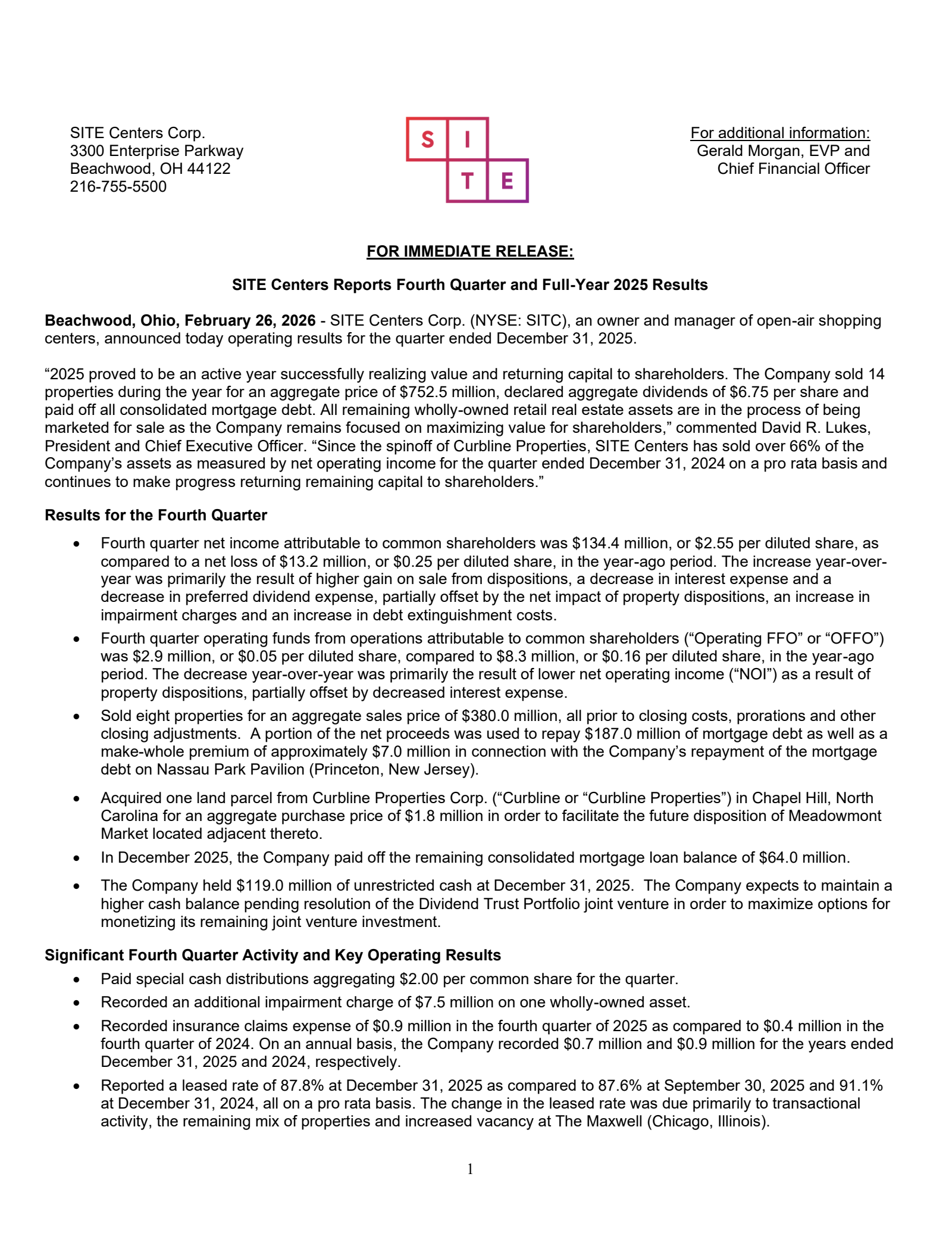Site Centers' Q4 2025 Press Release