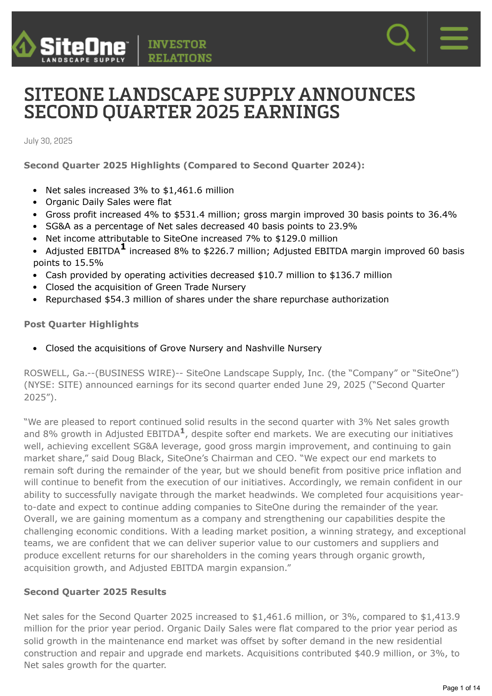 SiteOne Landscape Supply's Q2 2025 Press Release