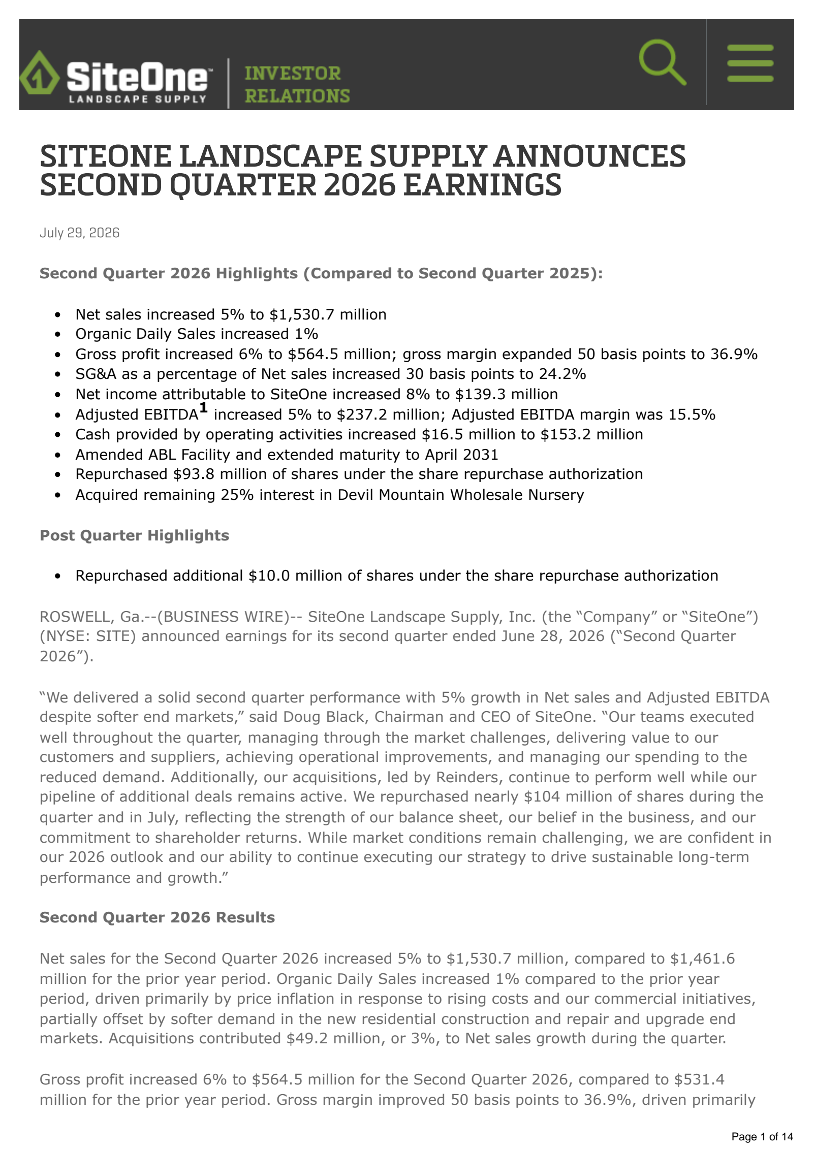 SiteOne Landscape Supply's Q2 2026 Press Release