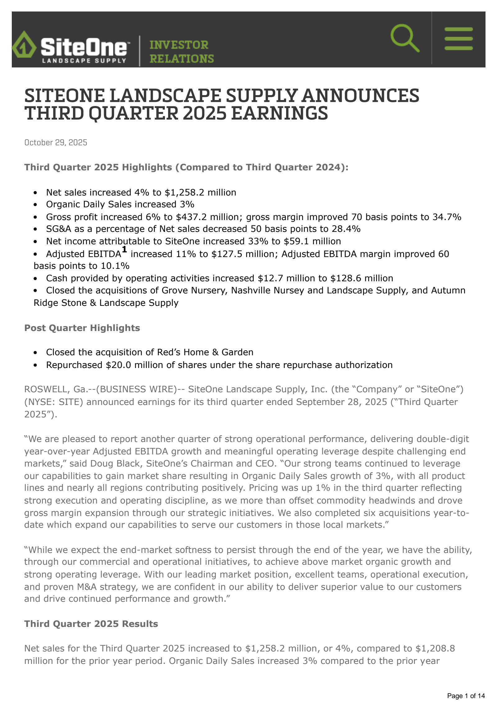 SiteOne Landscape Supply's Q3 2025 Earnings Release