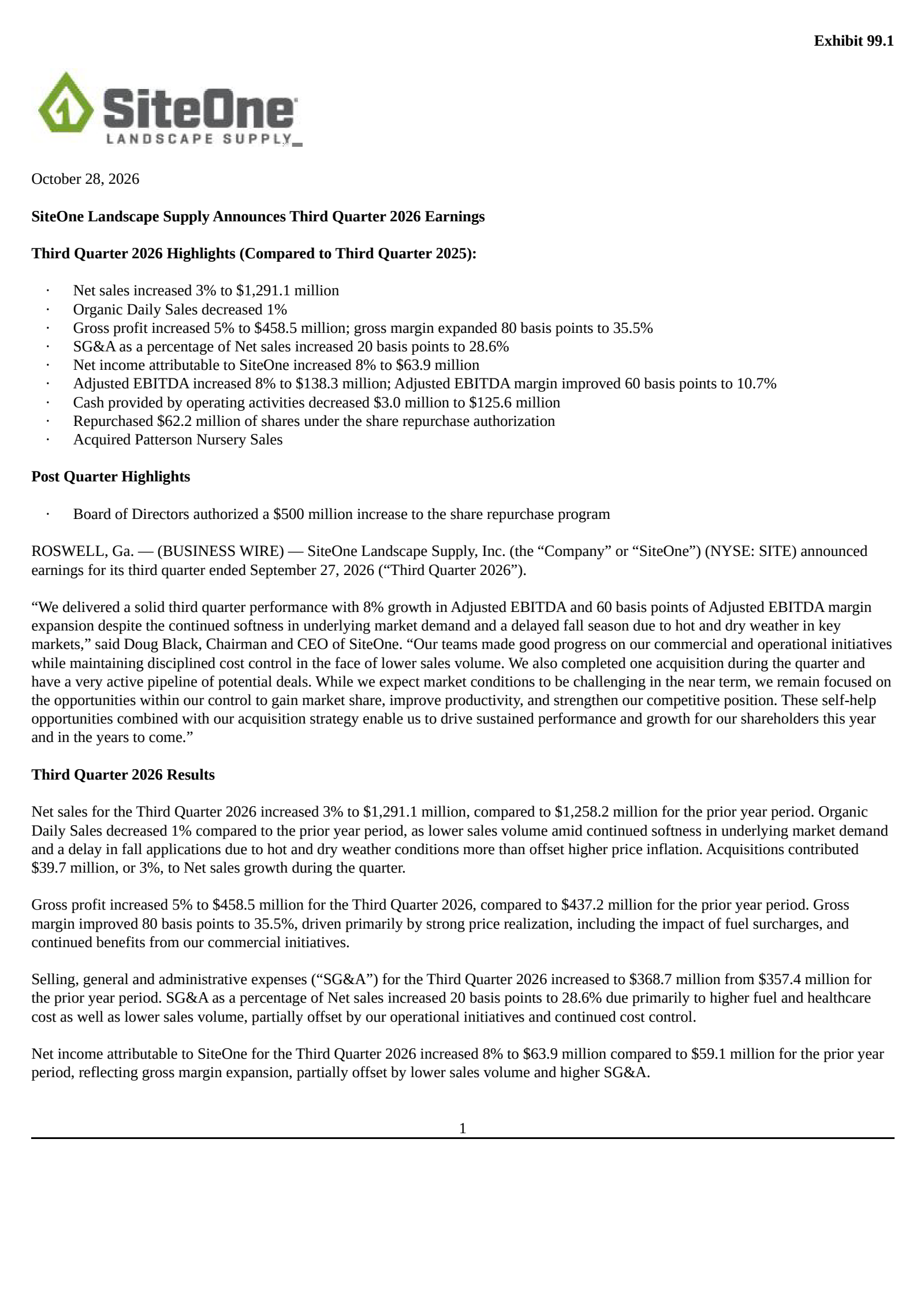 SiteOne Landscape Supply (SITE) Q3 2026 Earnings Results & Report