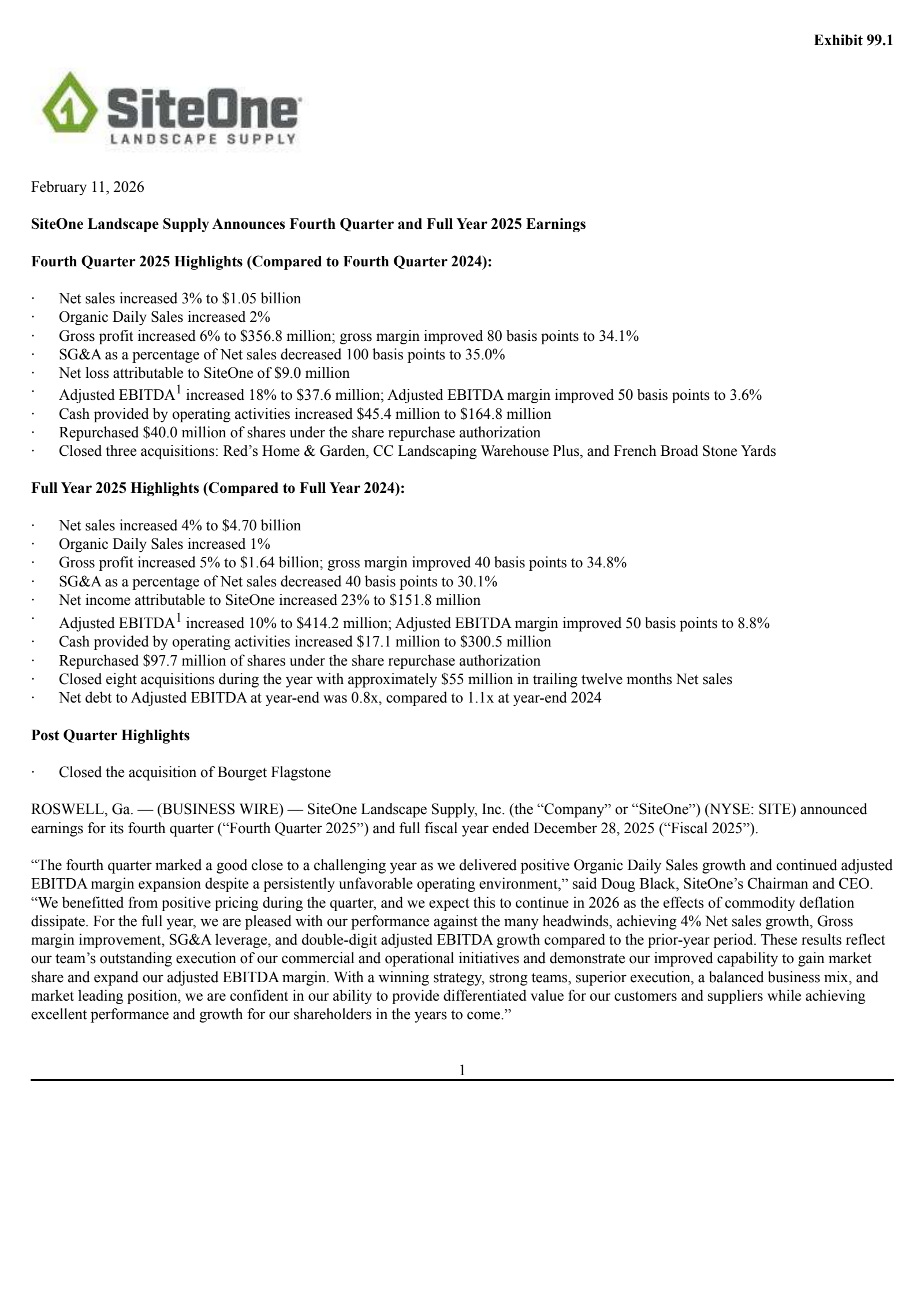 SiteOne Landscape Supply's Q4 2025 Press Release