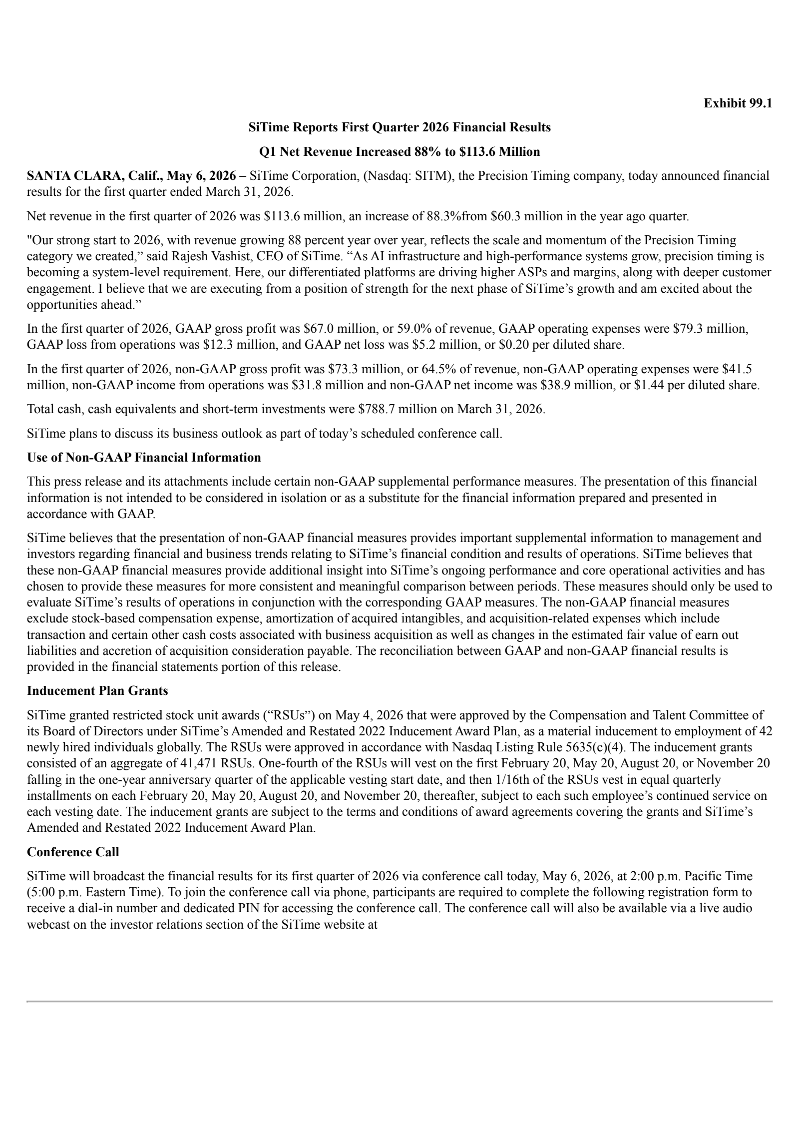 SiTime's Q1 2026 Press Release