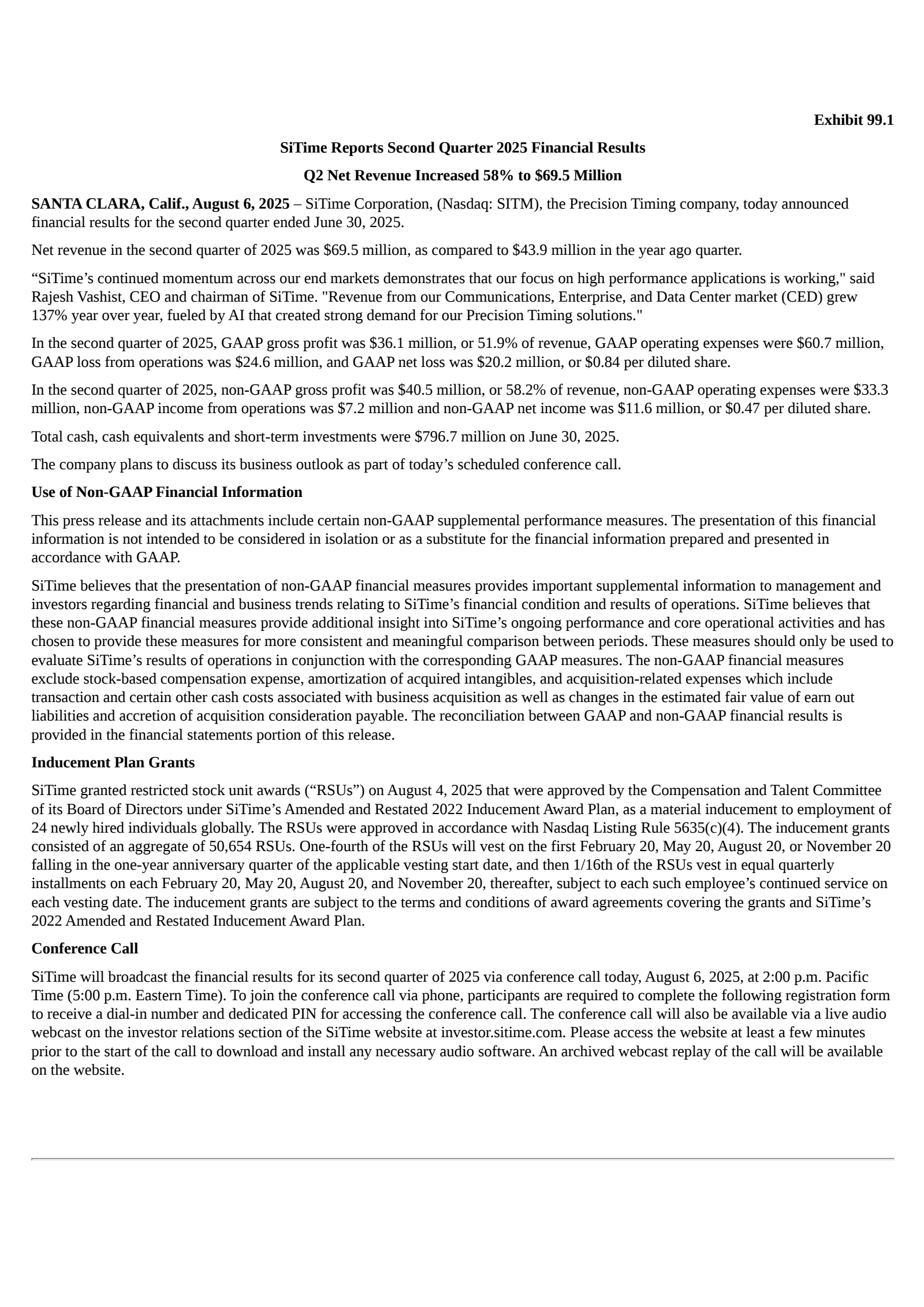 SiTime's Q2 2025 Press Release