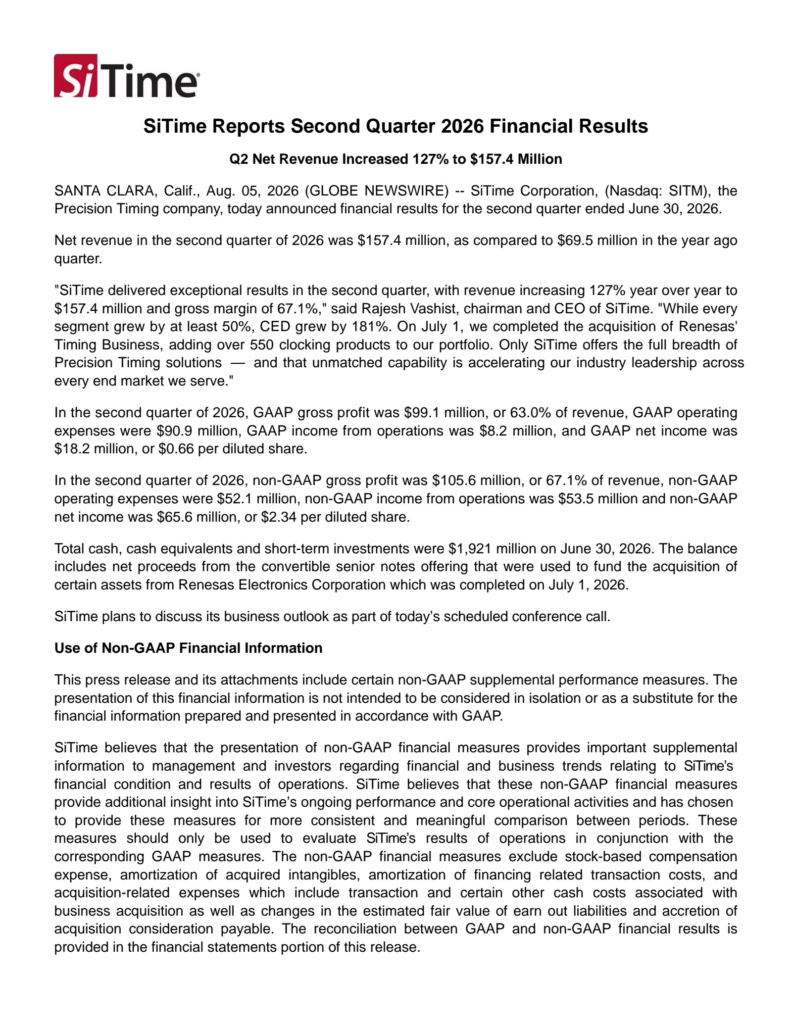 SiTime's Q2 2026 Press Release