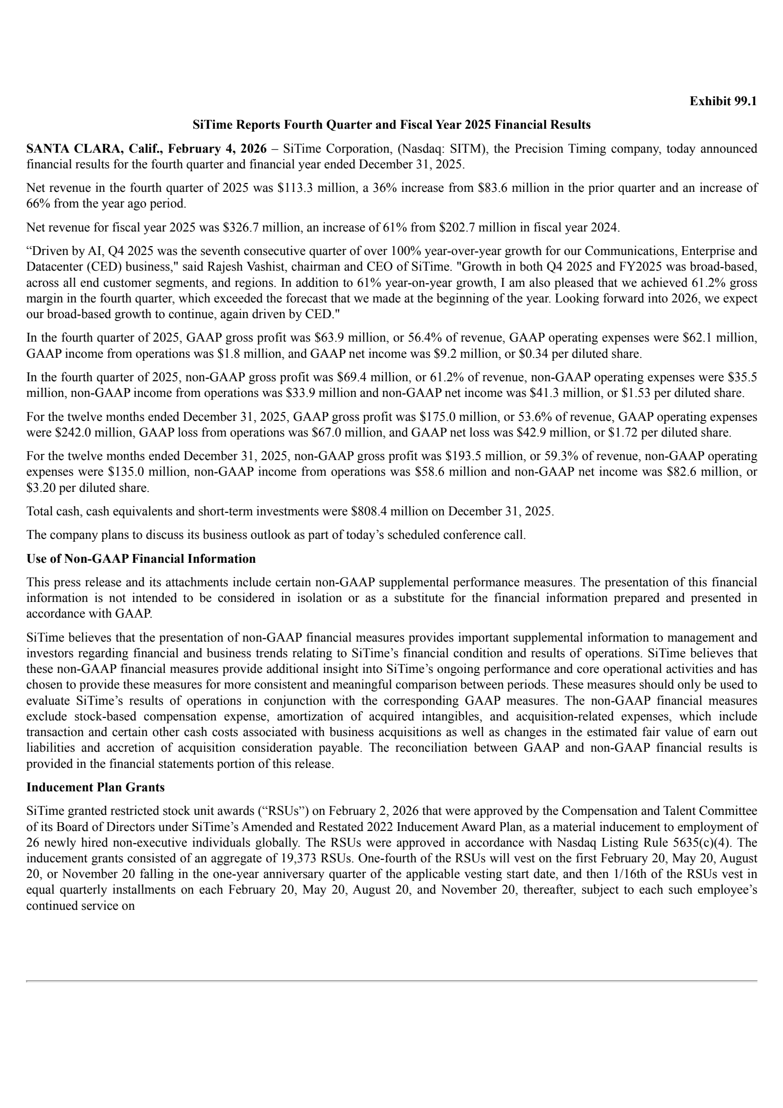 SiTime's Q4 2025 Press Release