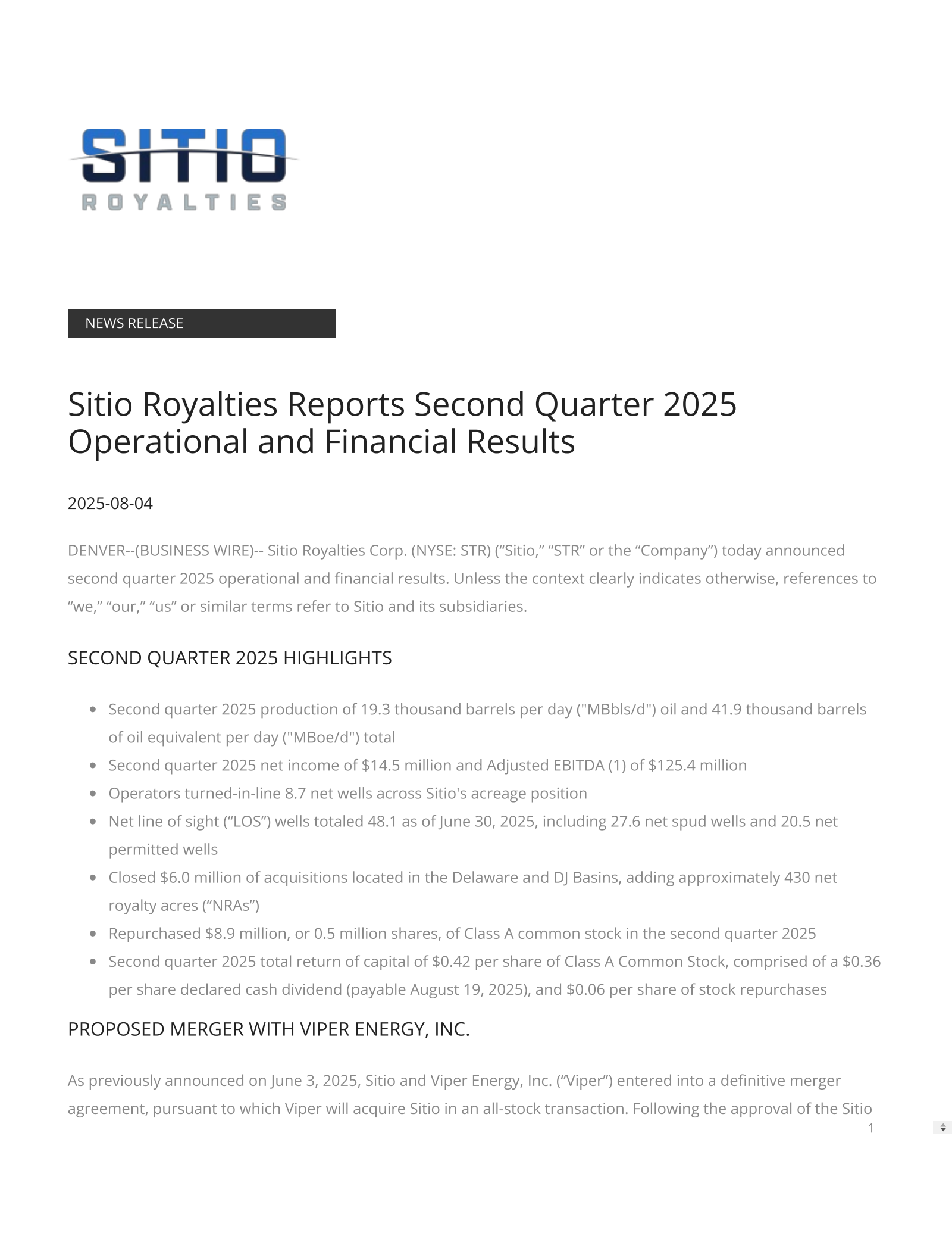 Sitio Royalties' Q2 2025 Press Release