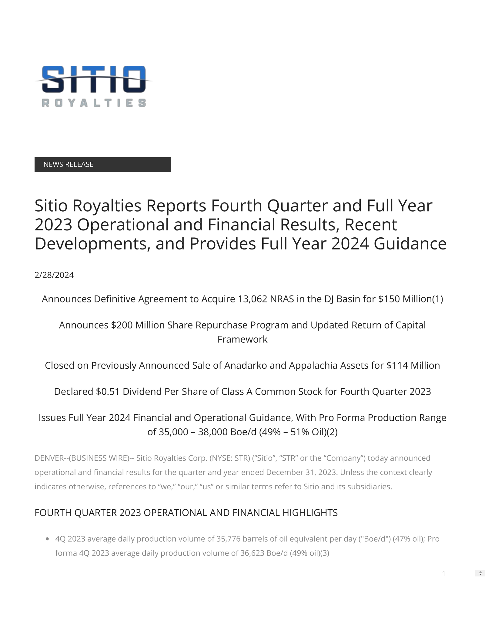 Sitio Royalties' Q4 2023 Press Release
