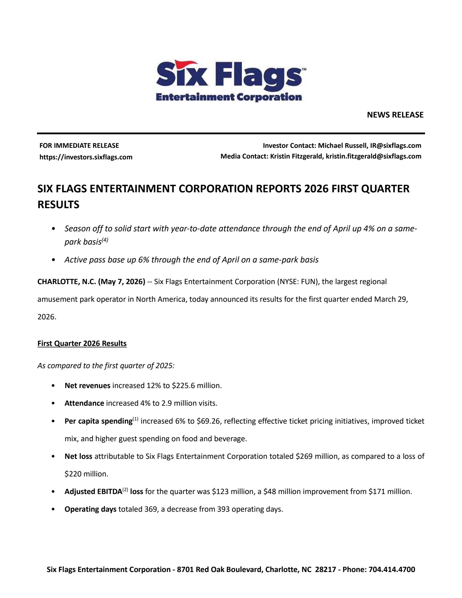 Six Flags Entertainment's Q1 2026 Press Release