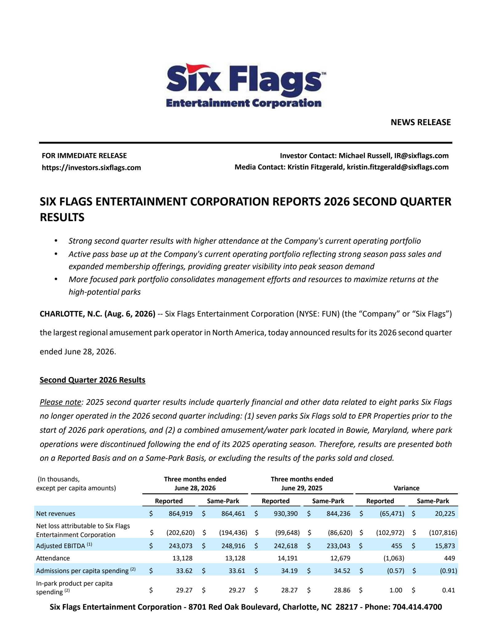 Six Flags Entertainment's Q2 2026 Press Release