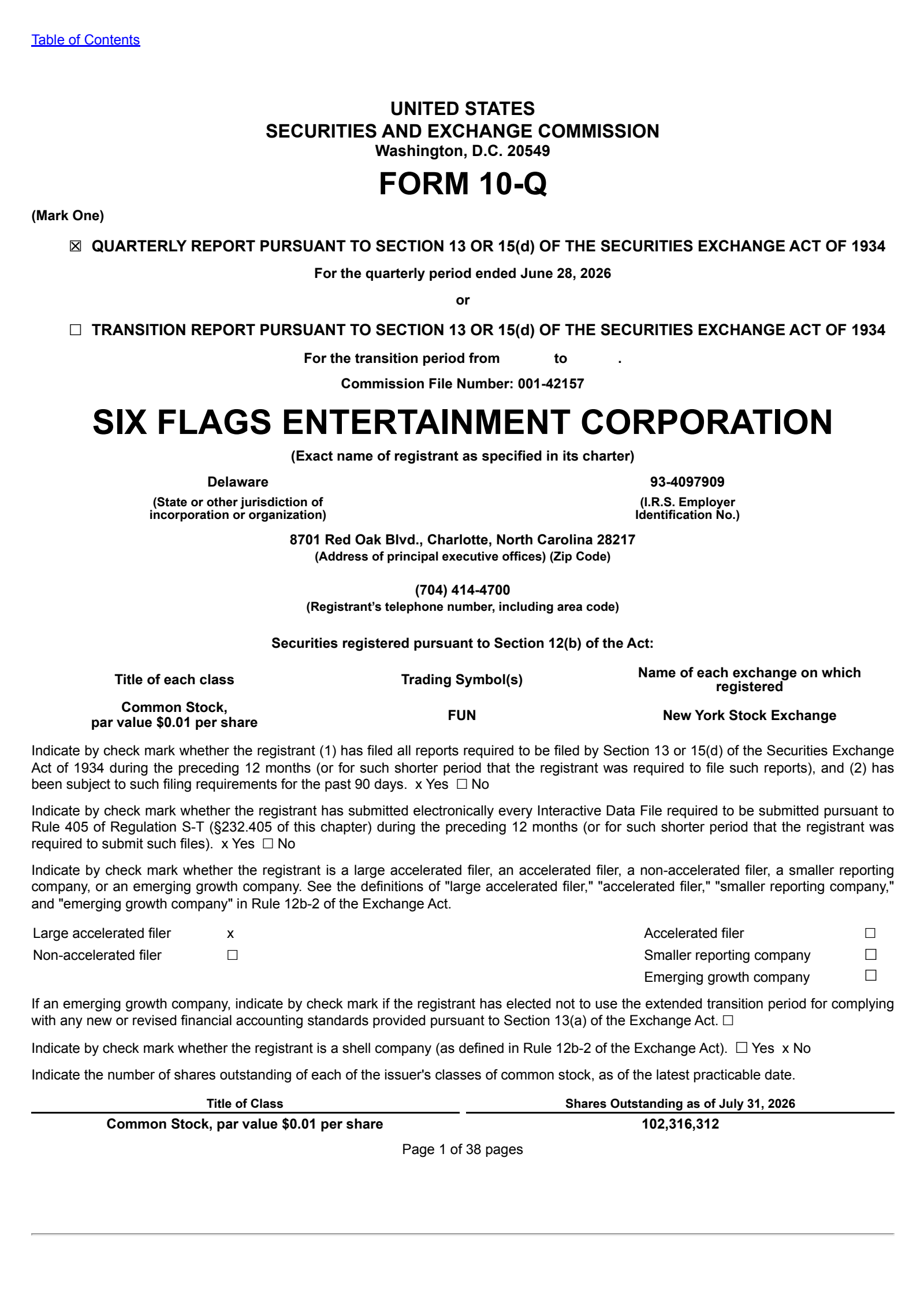 Six Flags Entertainment's Q2 2026 Quarterly report