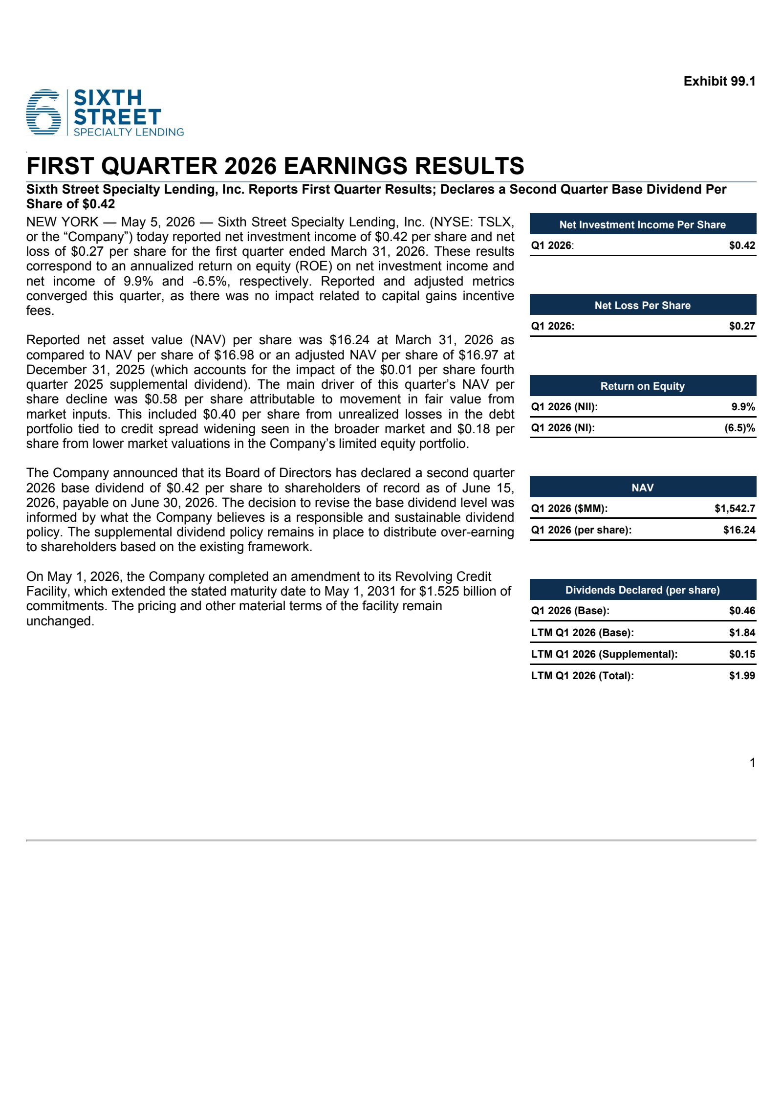 Sixth Street Specialty Lending's Q1 2026 Press Release