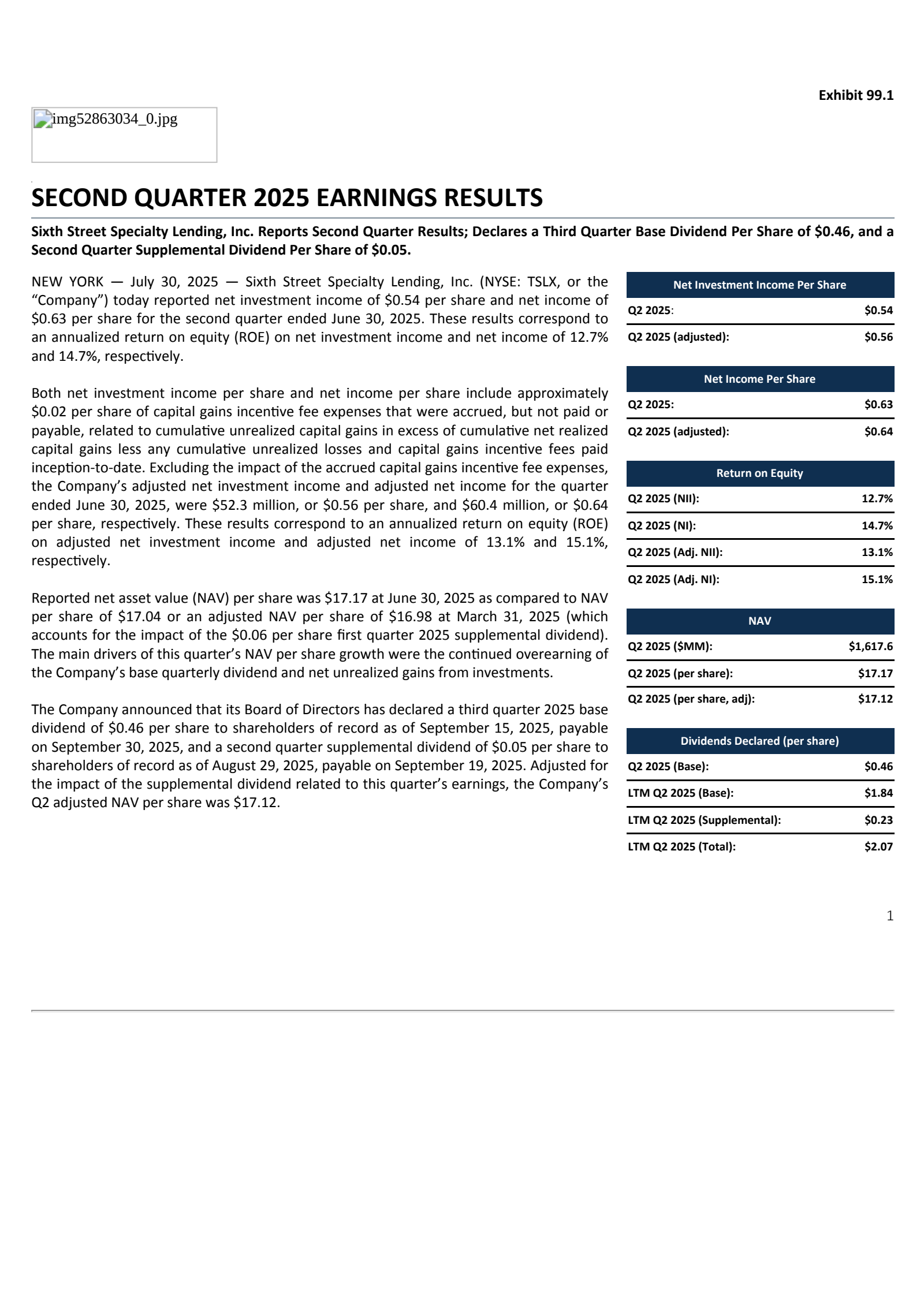 Sixth Street Specialty Lending's Q2 2025 Press Release