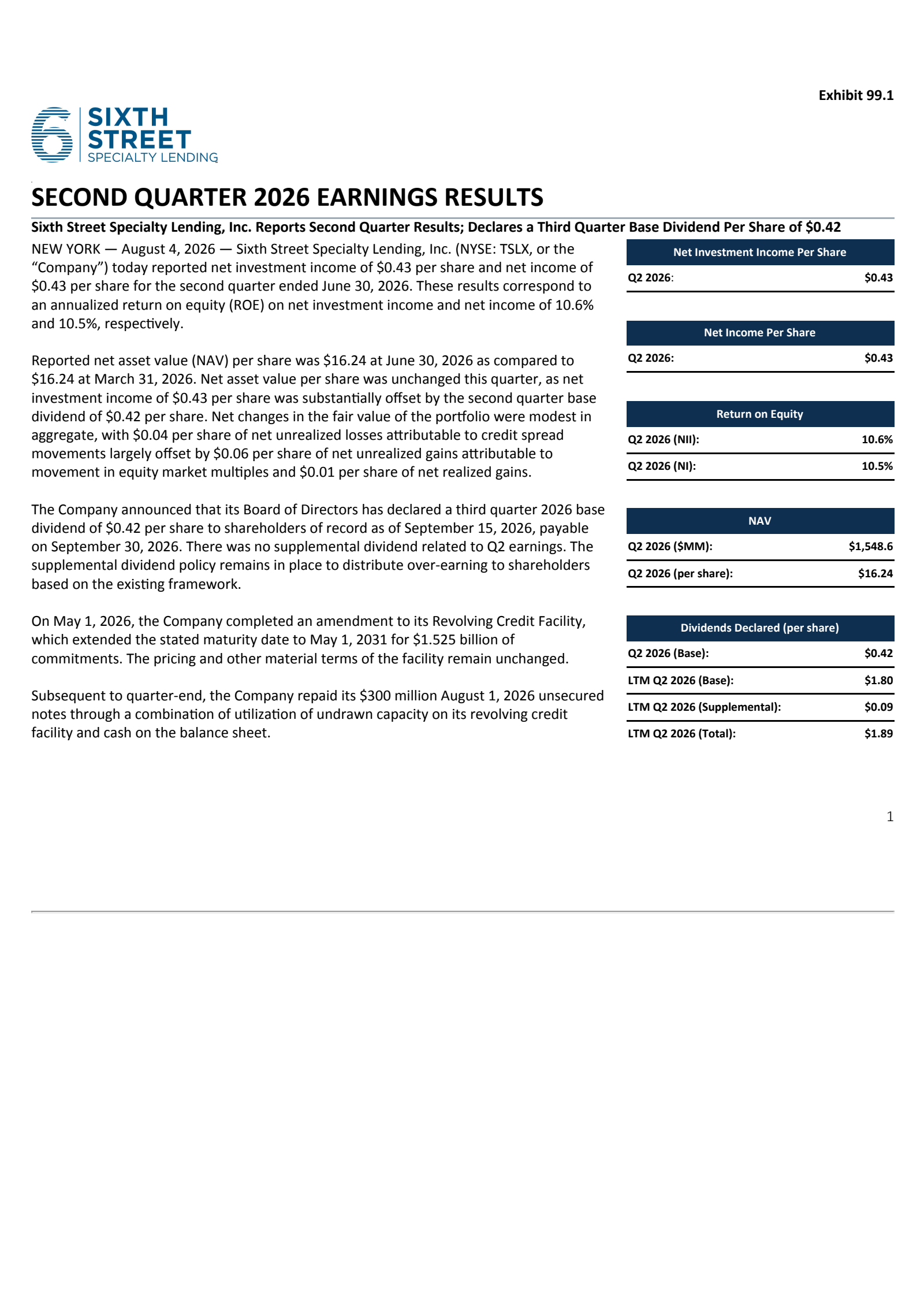 Sixth Street Specialty Lending's Q2 2026 Press Release