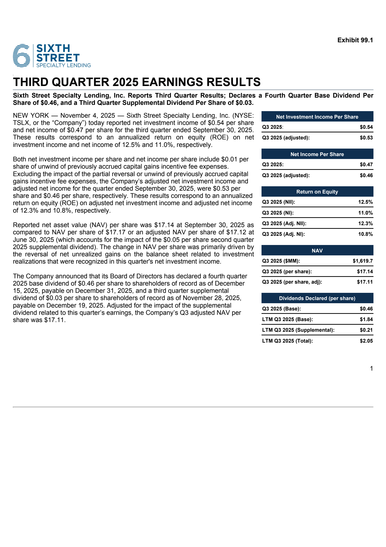 Sixth Street Specialty Lending's Q3 2025 Earnings Release
