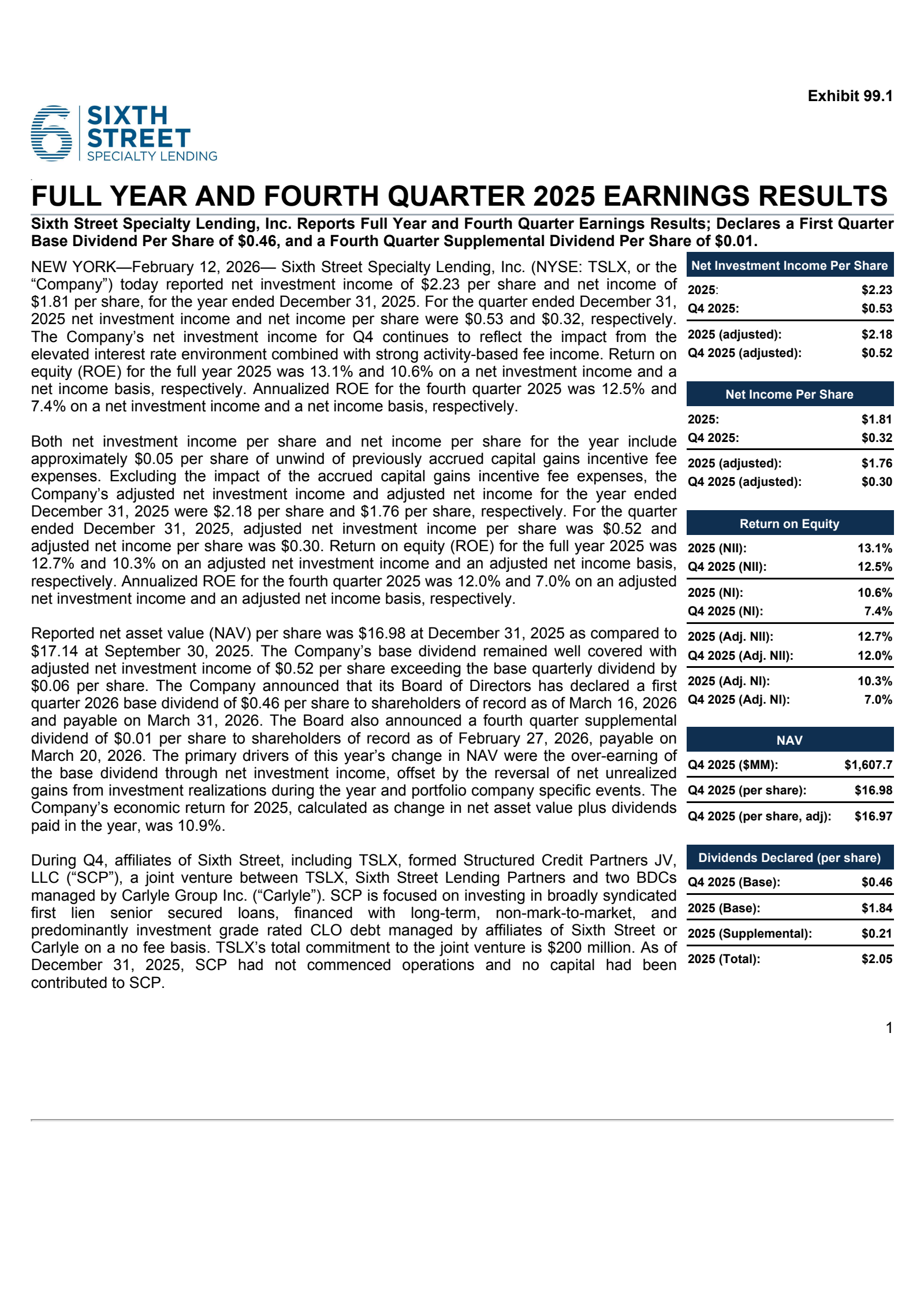 Sixth Street Specialty Lending's Q4 2025 Press Release