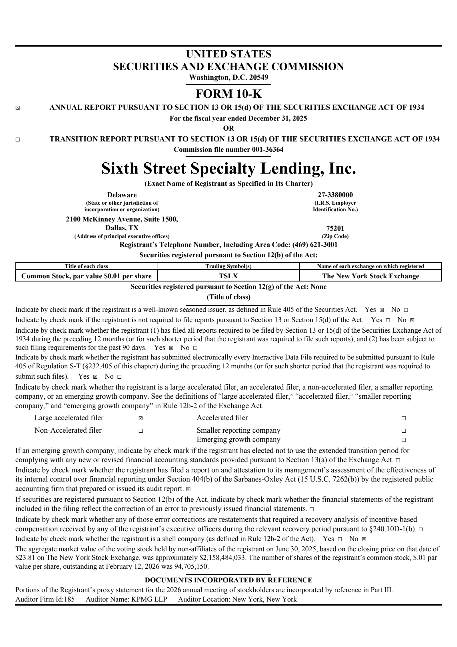 Sixth Street Specialty Lending's Q4 2025 Annual report