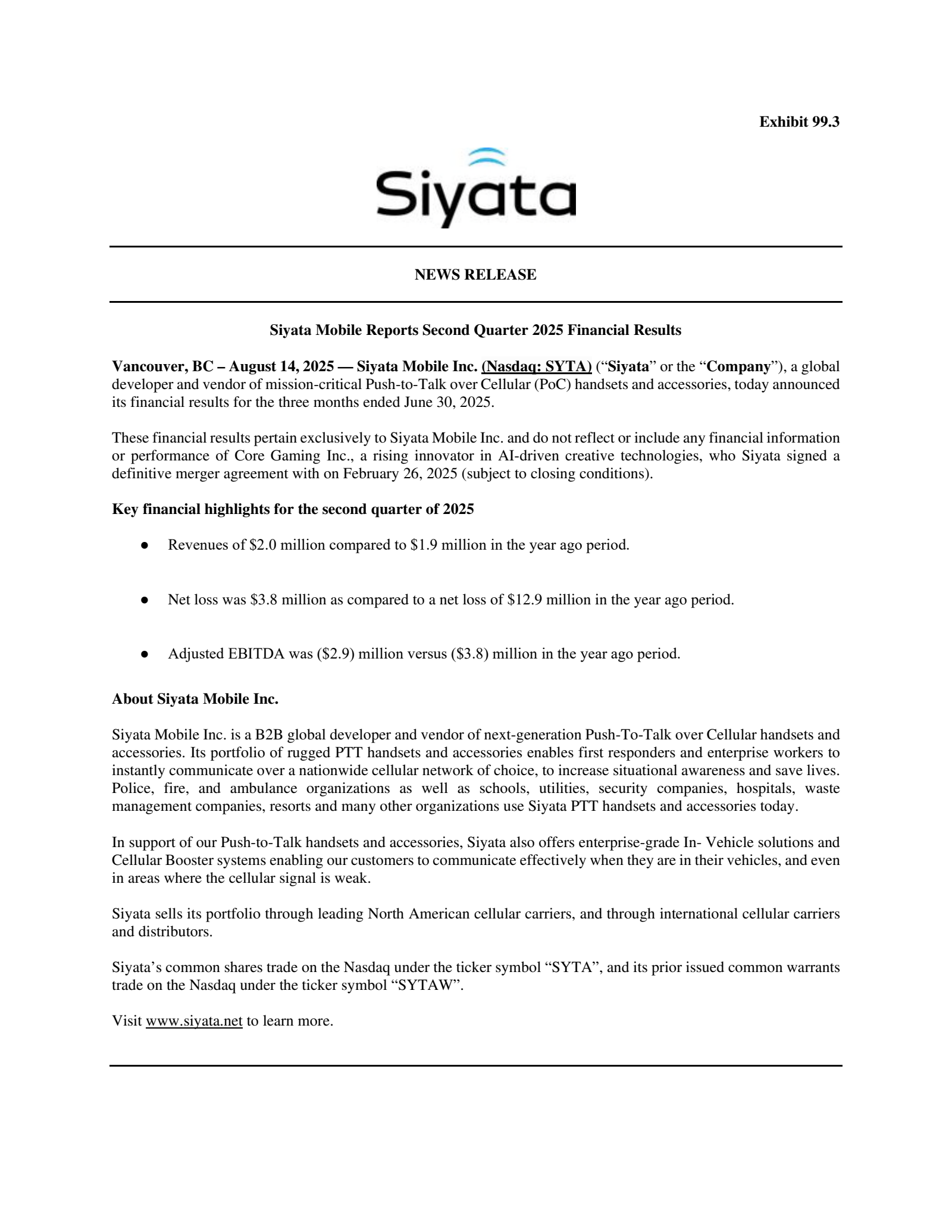 Siyata Mobile's Q2 2025 Press Release