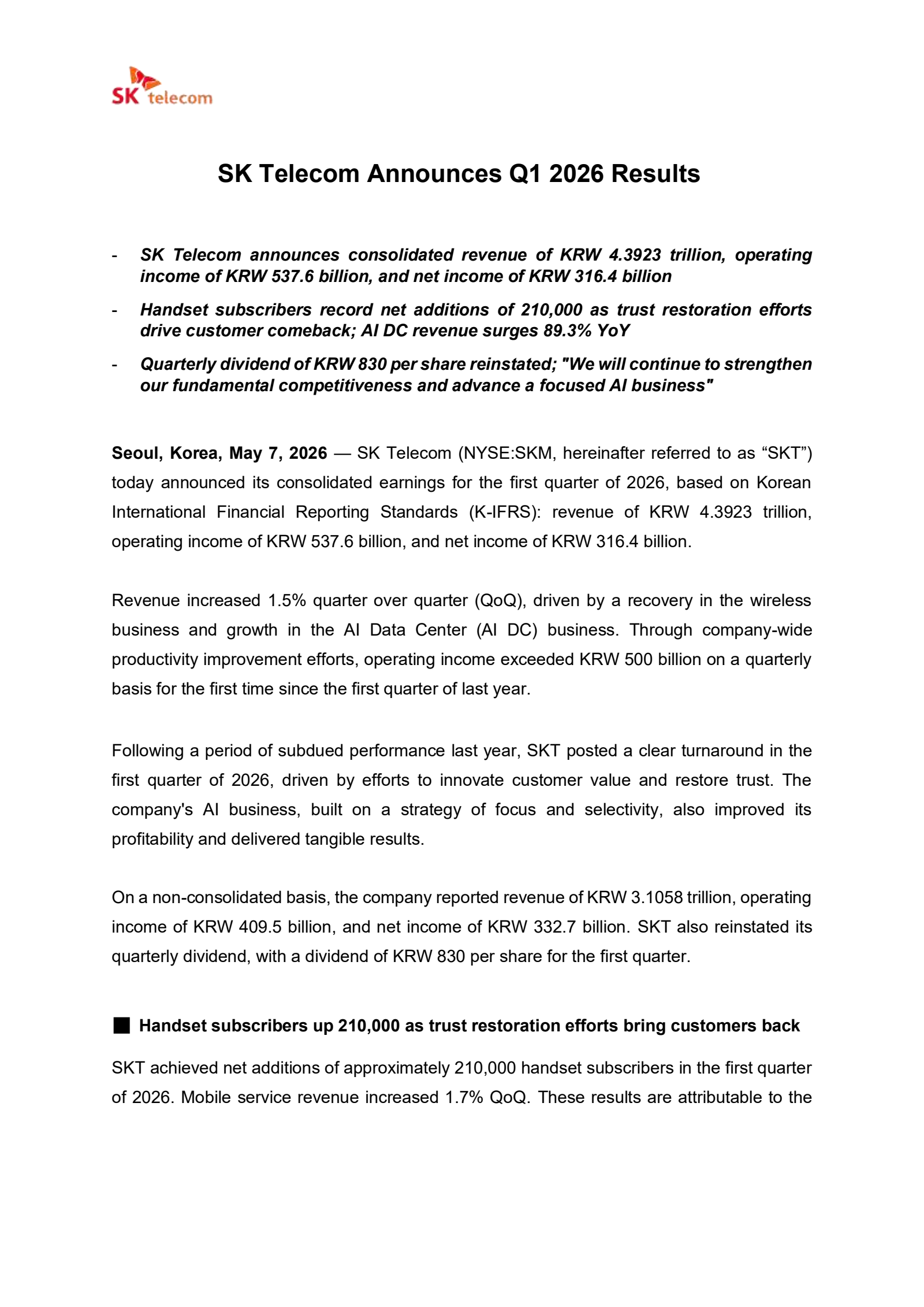 SK Telecom's Q1 2026 Press Release
