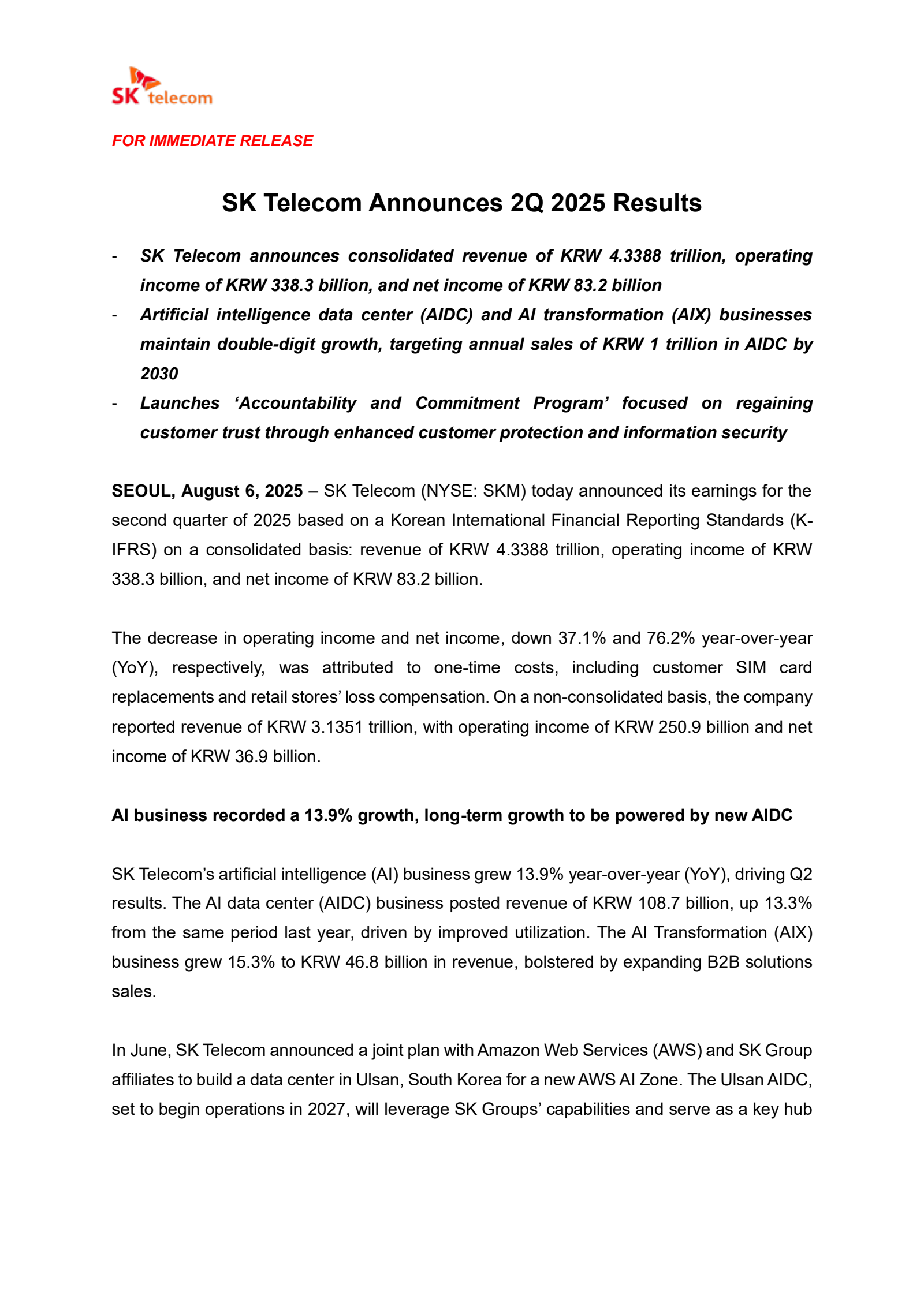 SK Telecom's Q2 2025 Interim report