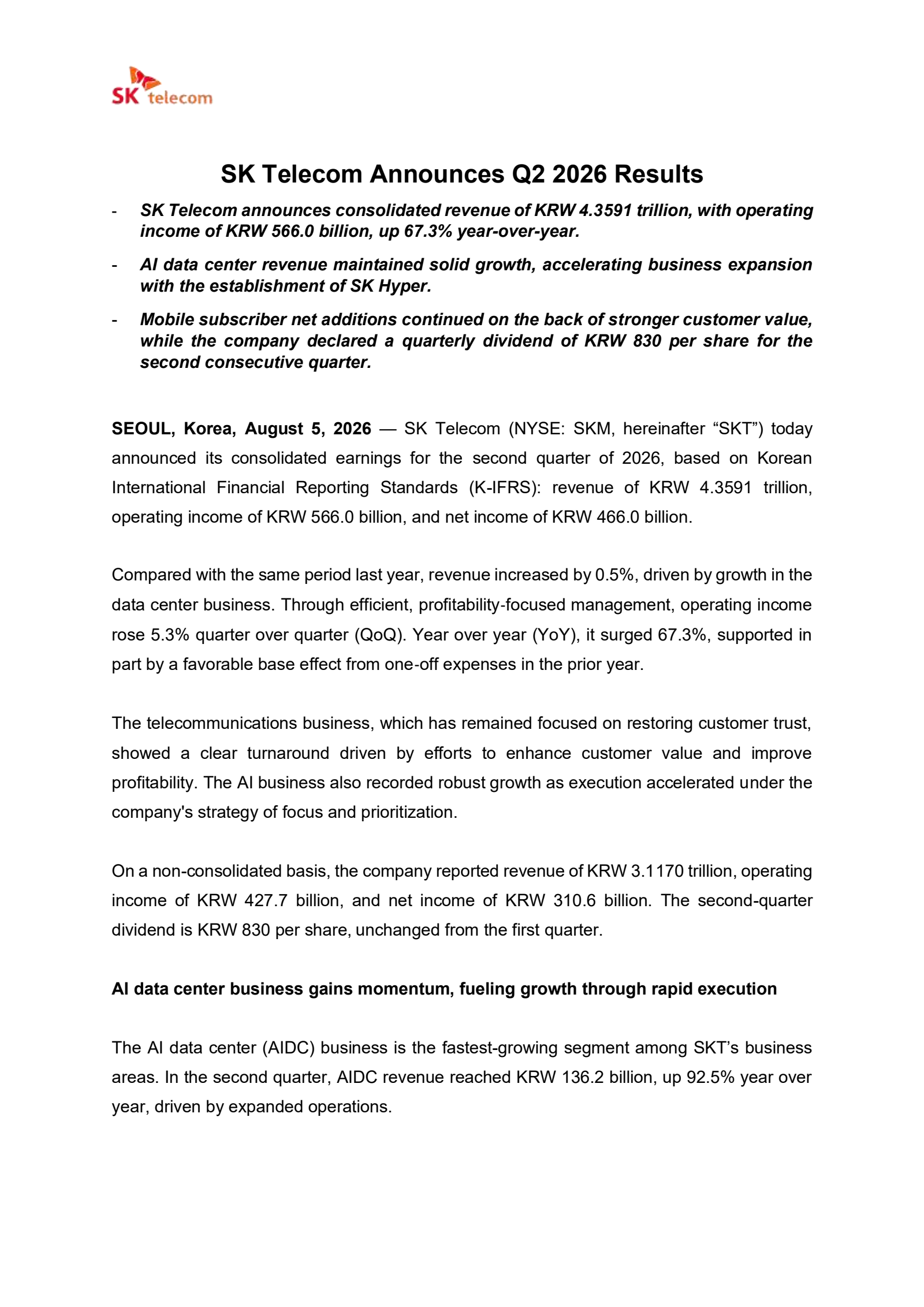 SK Telecom's Q2 2026 Press Release