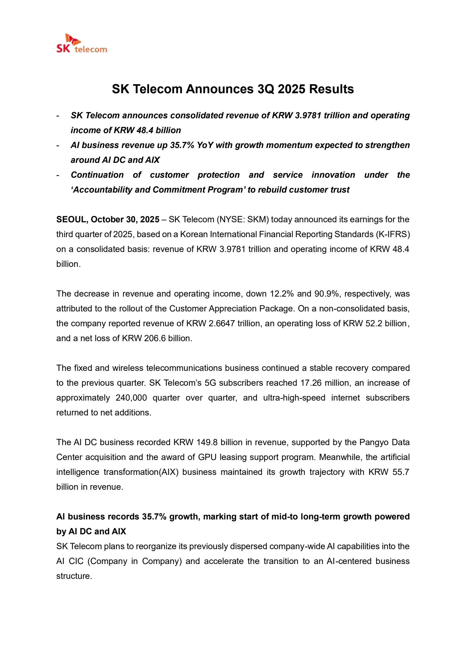 SK Telecom's Q3 2025 Press Release
