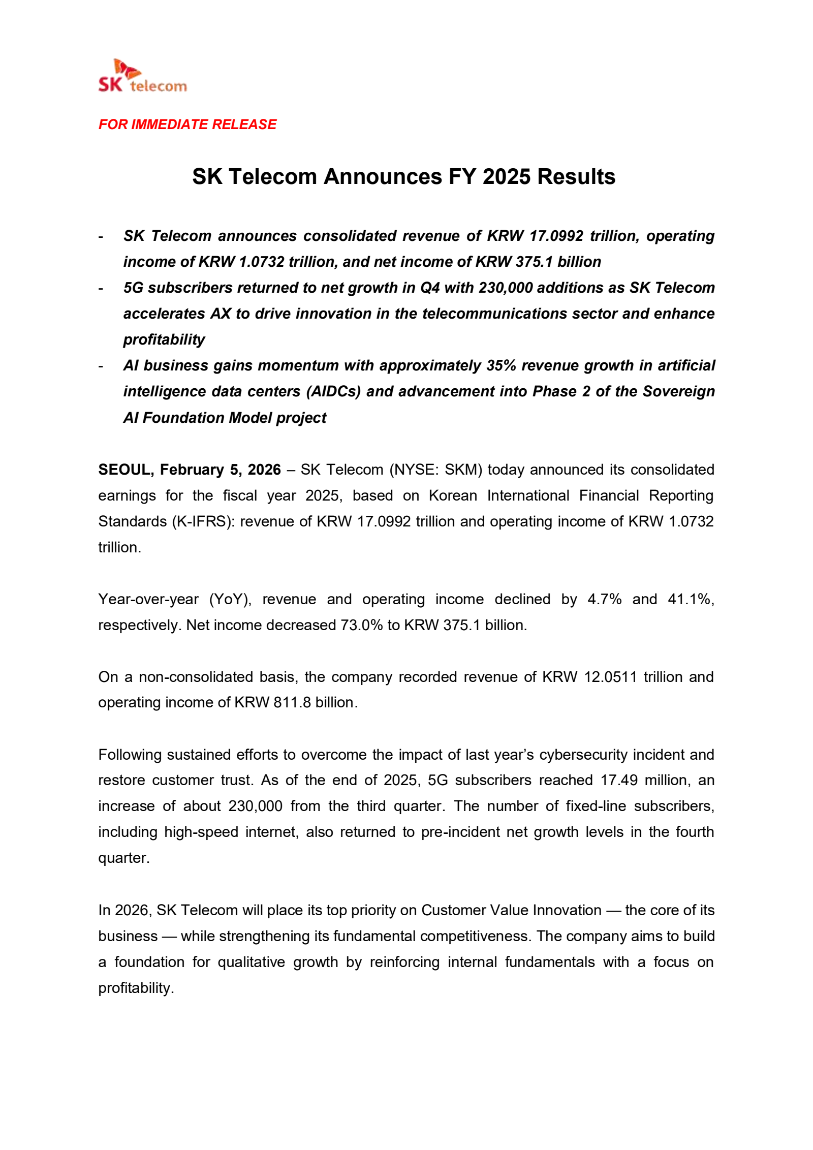 SK Telecom's Q4 2025 Press Release