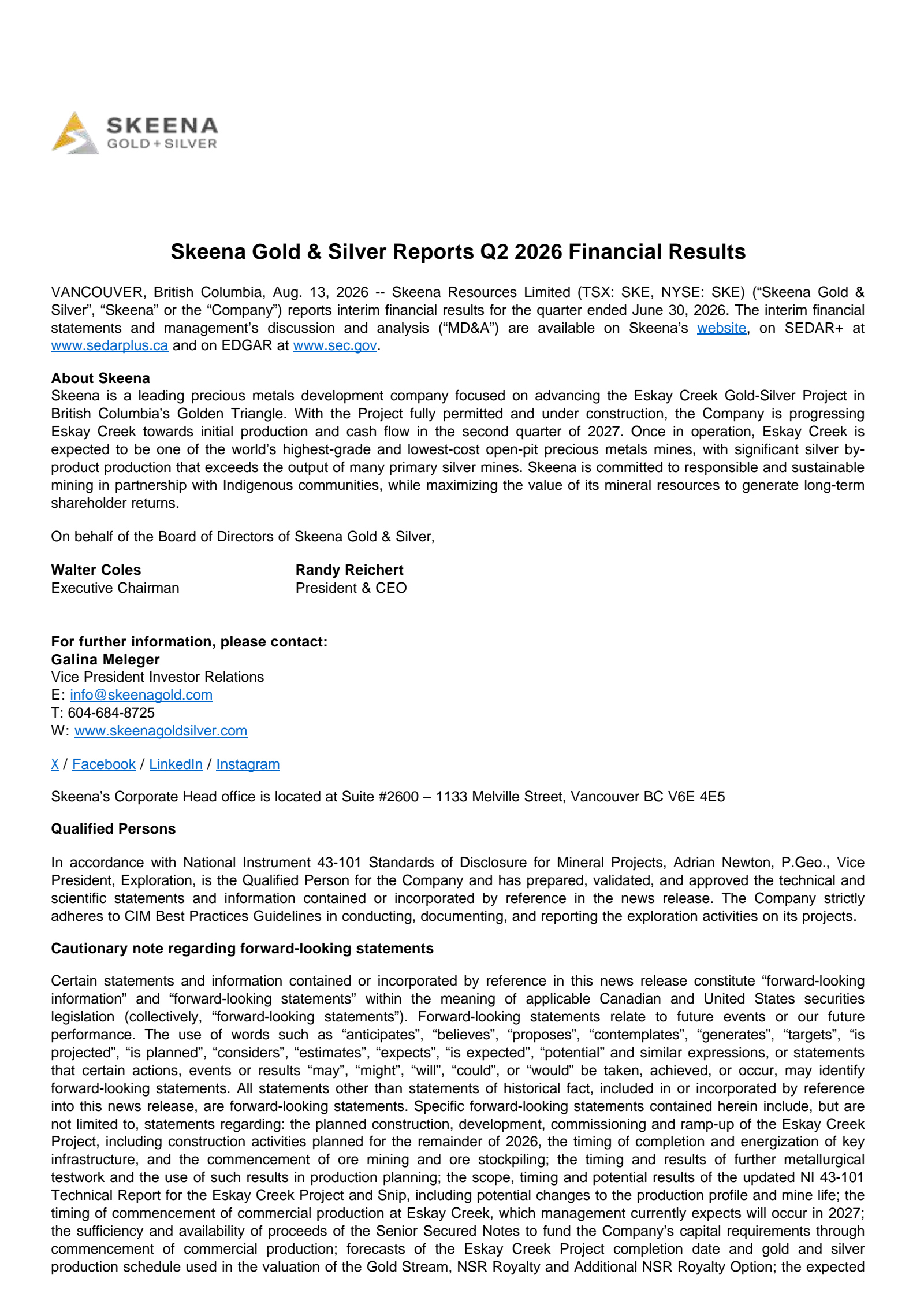Skeena Resources' Q2 2026 Press Release