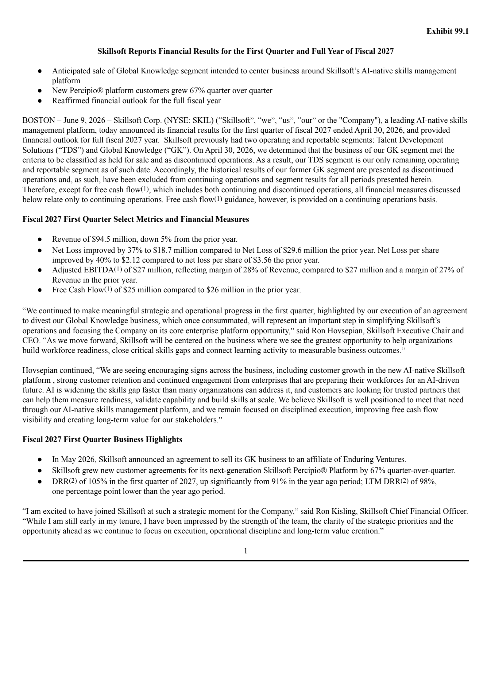 Skillsoft's Q1 2027 Press Release