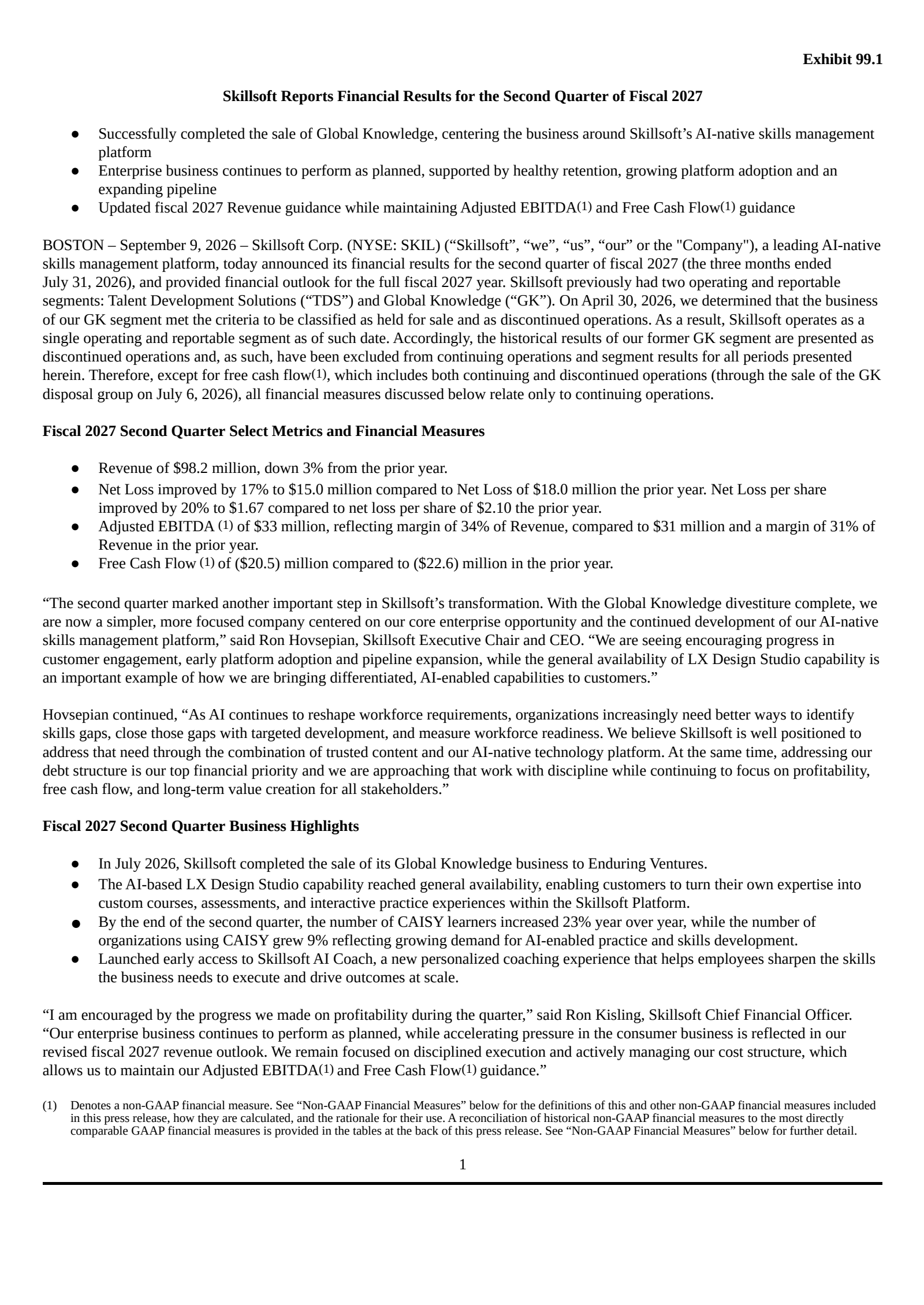 Skillsoft's Q2 2027 Press Release