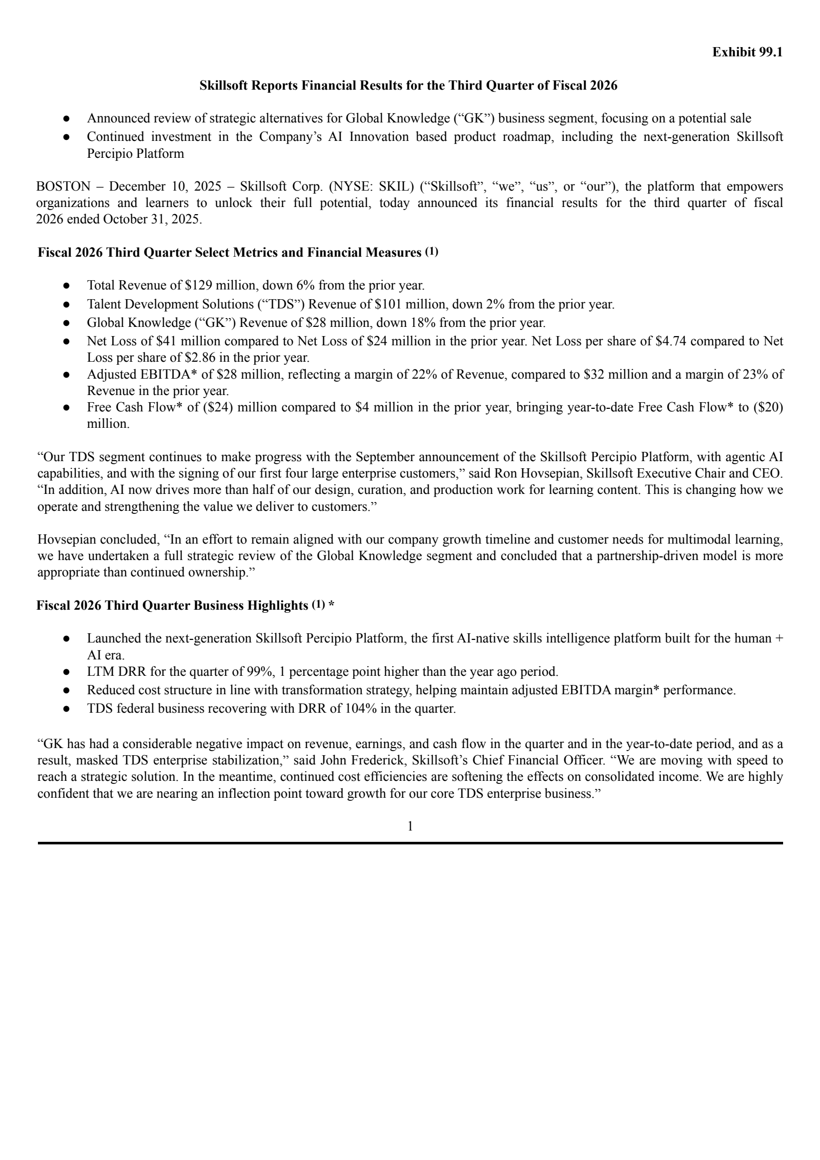 Skillsoft's Q3 2026 Earnings Release