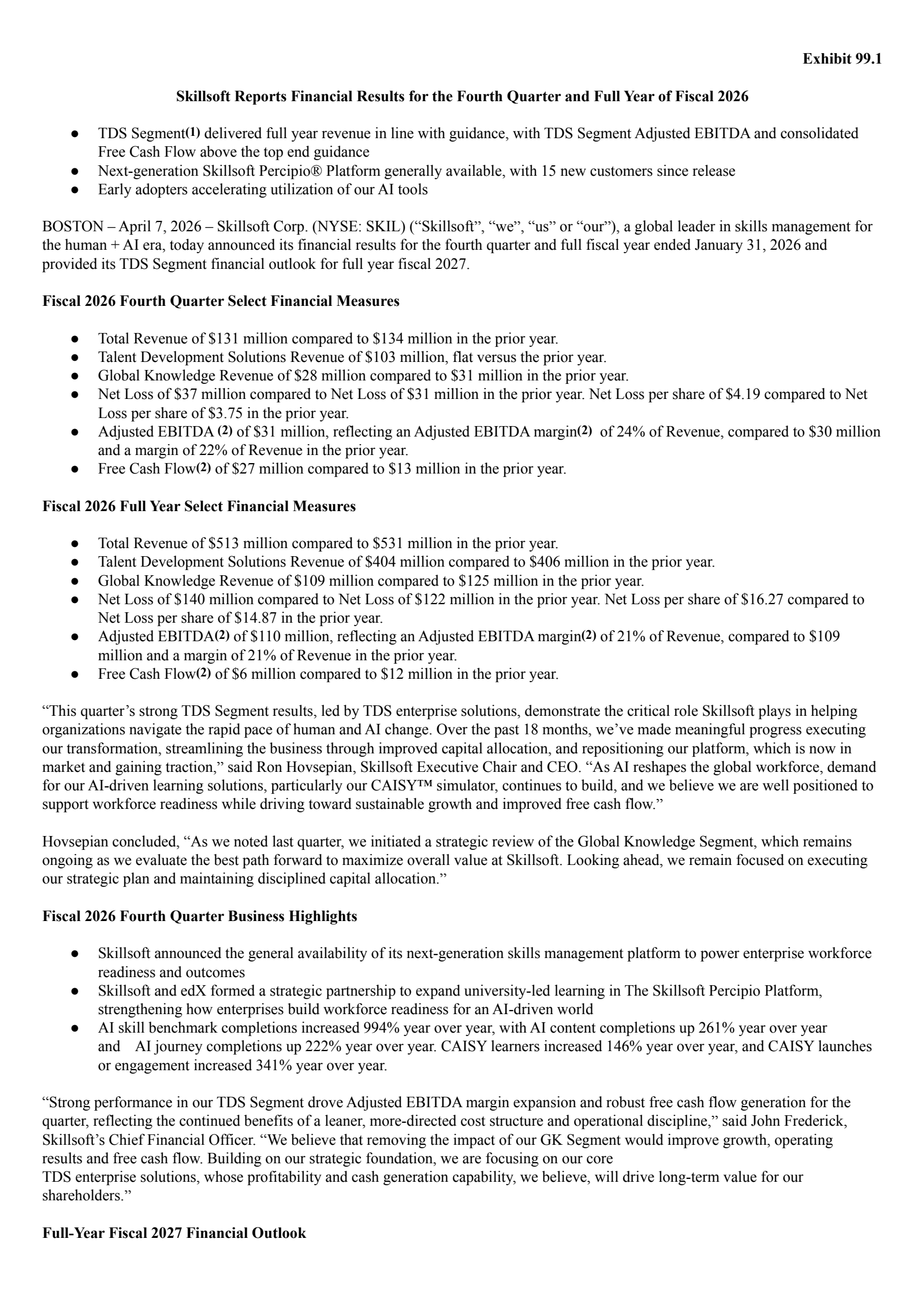 Skillsoft's Q4 2026 Press Release