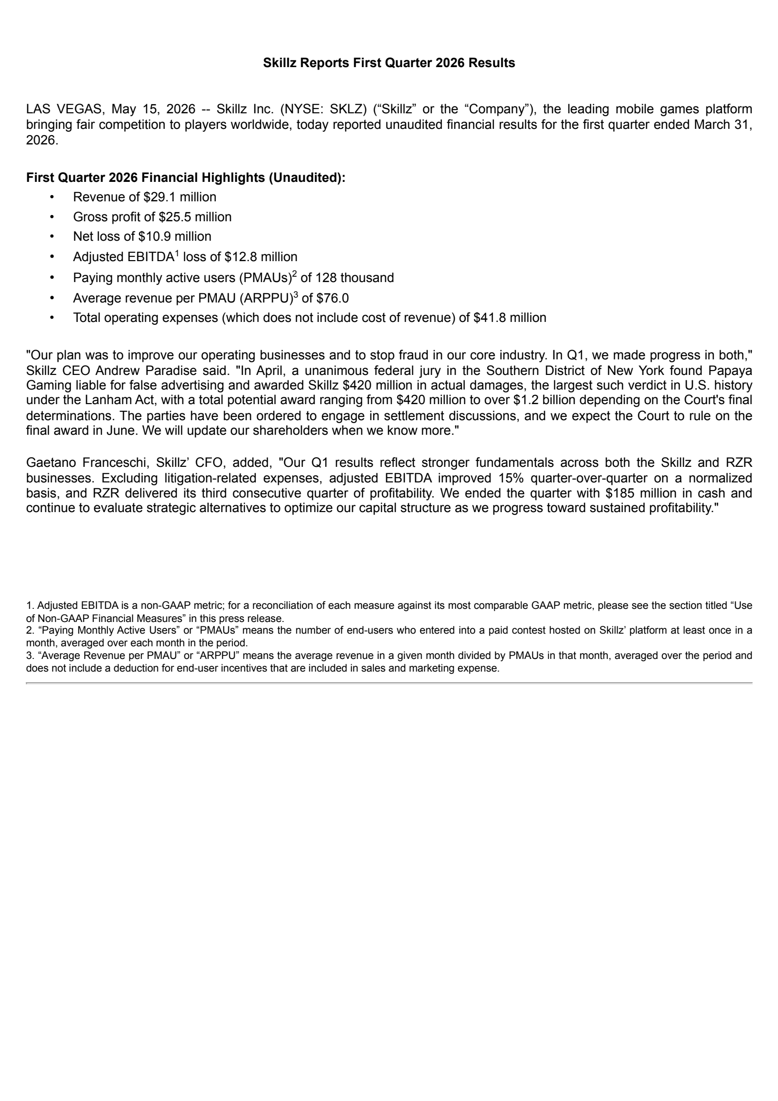 Skillz's Q1 2026 Press Release