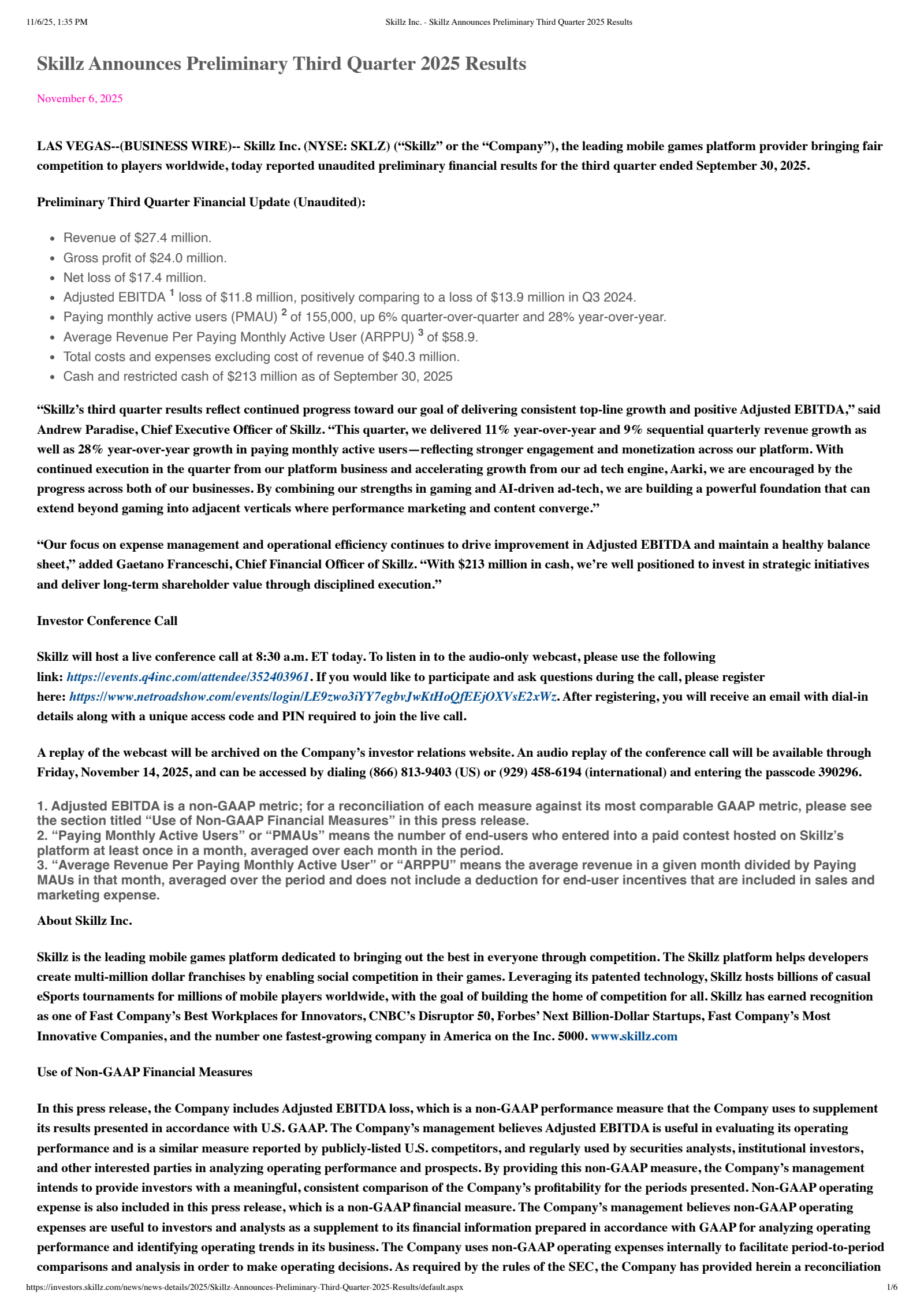Skillz's Q3 2025 Earnings Release