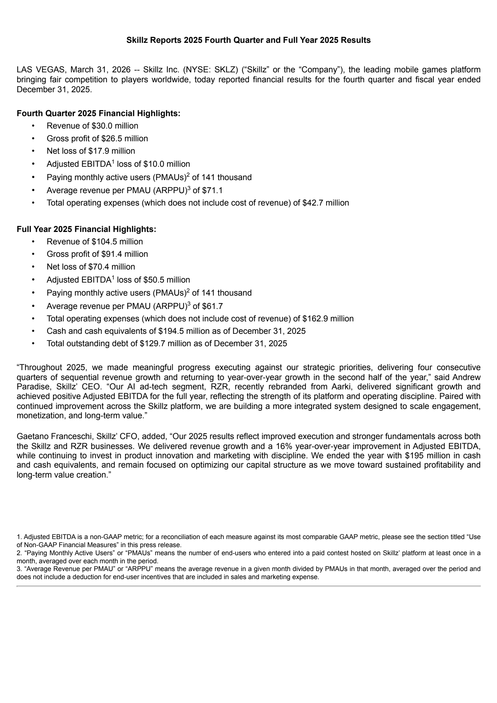 Skillz's Q4 2025 Press Release