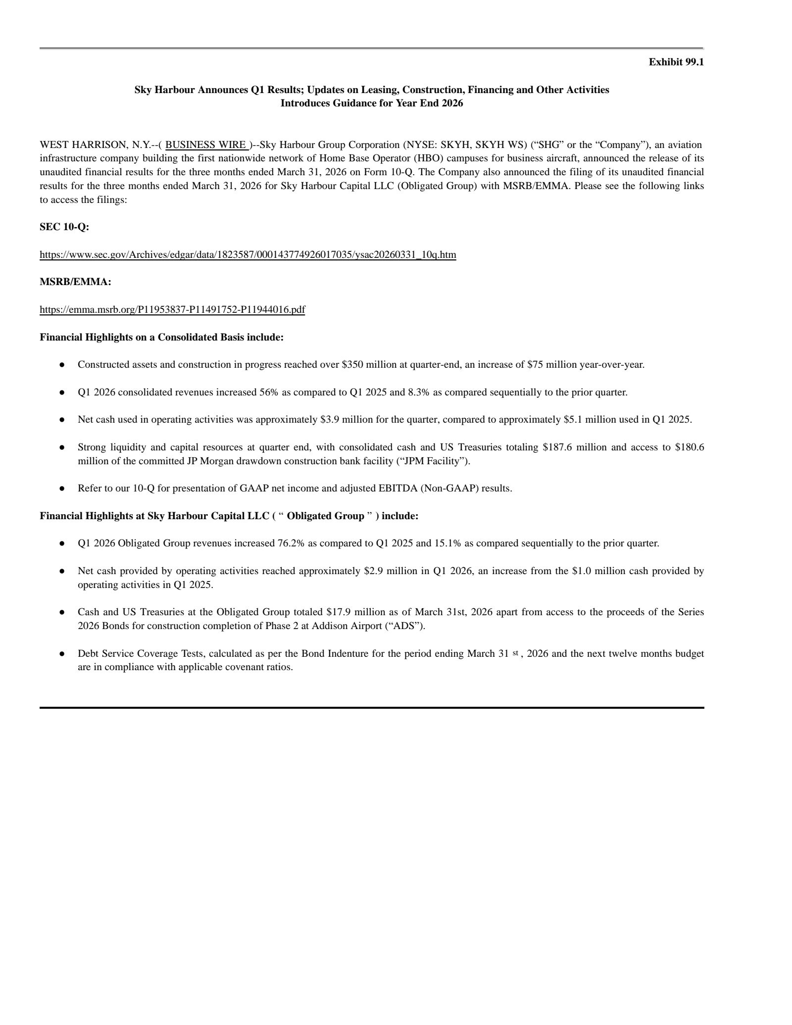 Sky Harbour Group's Q1 2026 Press Release
