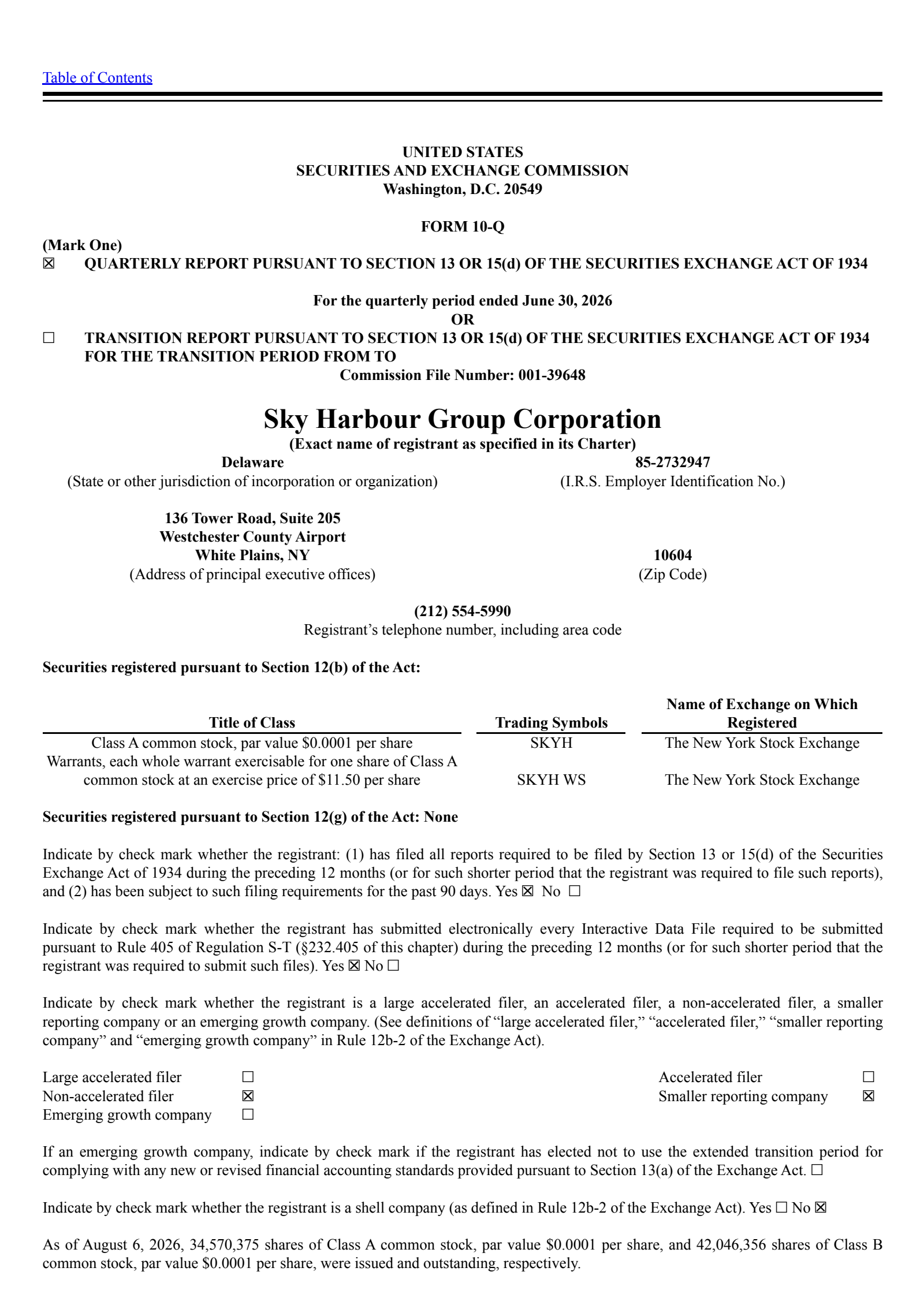 Sky Harbour Group's Q2 2026 Quarterly report