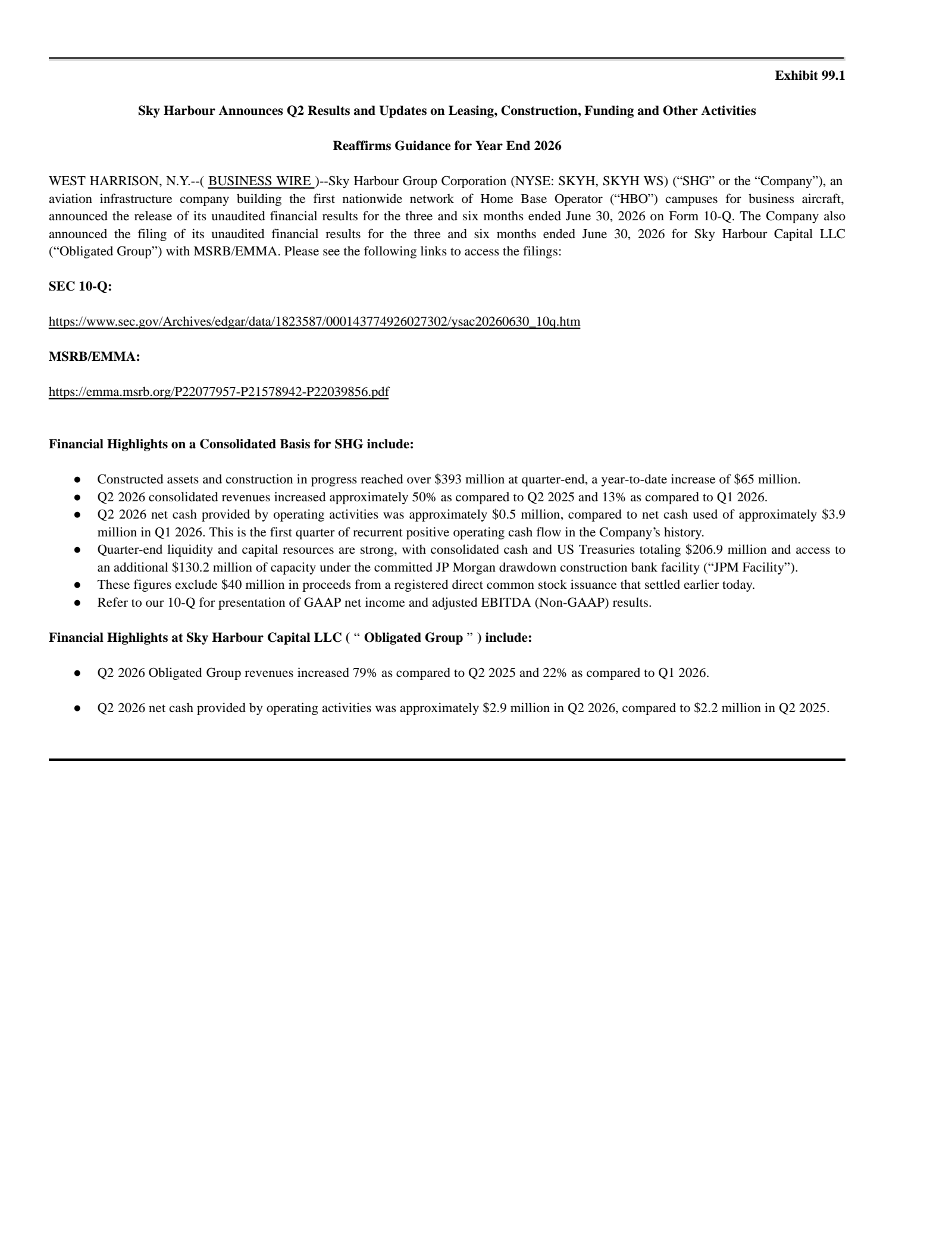 Sky Harbour Group's Q2 2026 Press Release